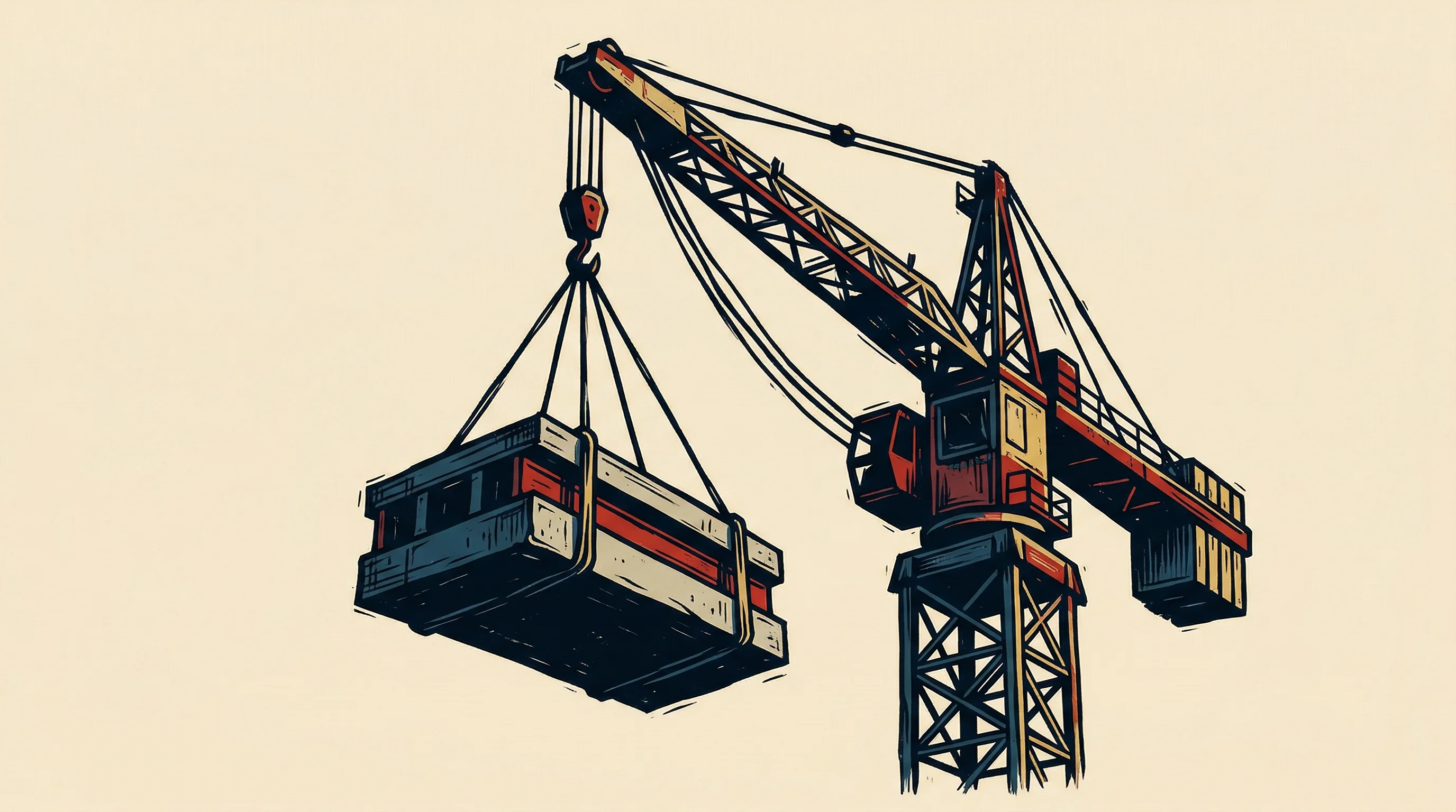 Digital illustration for article section "Timing and Context" in "Krane Raises $9M to Automate Construction Supply Chains with AI" - A powerful, minimalist conceptual illustration of a towering construction crane hoisting a massive, ...