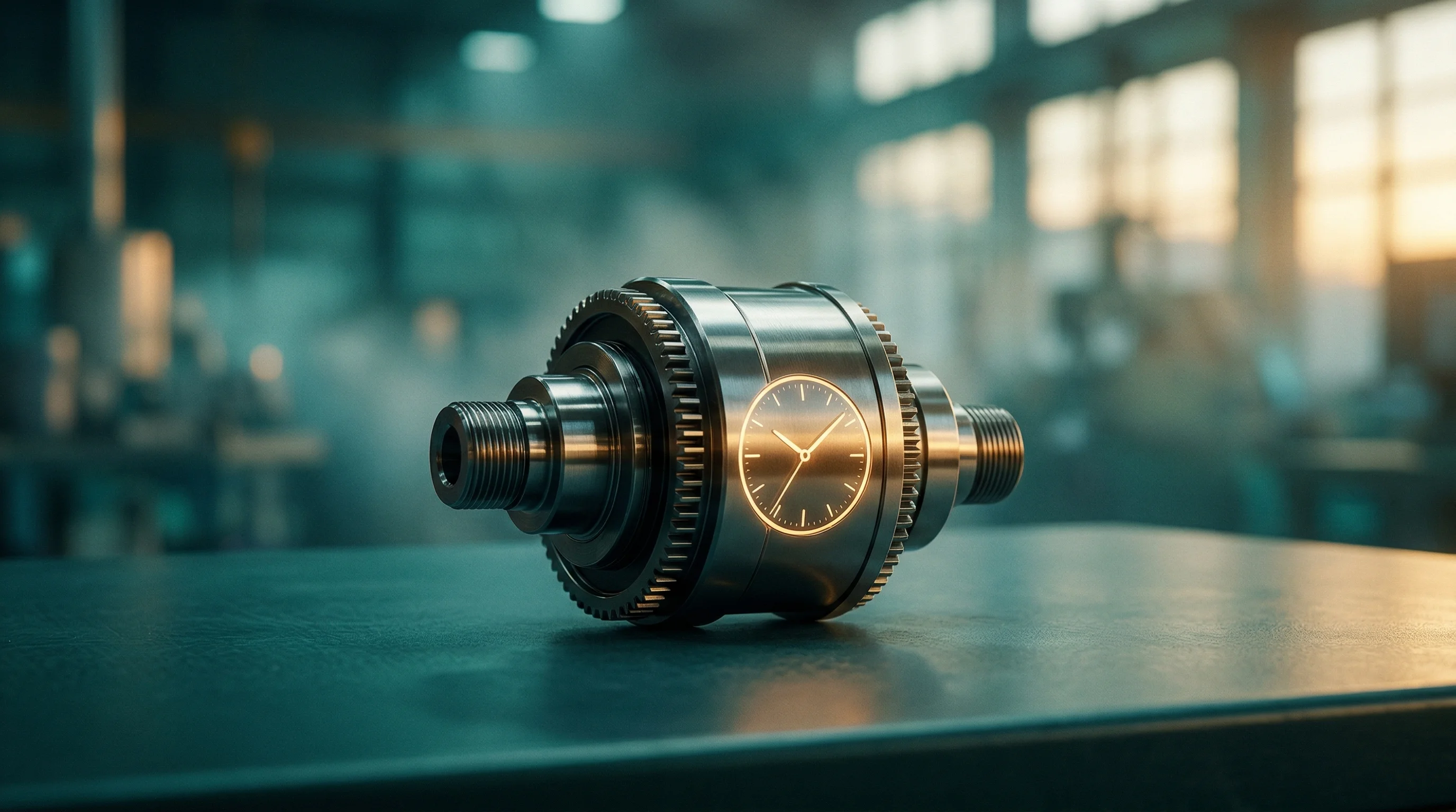 Digital illustration for article section "Early Returns" in "Edmund Raises €2.5M to Cut Factory Downtime With AI Troubleshooting" - A sleek, minimalist conceptual image representing industrial repair efficiency and time saved in a m...
