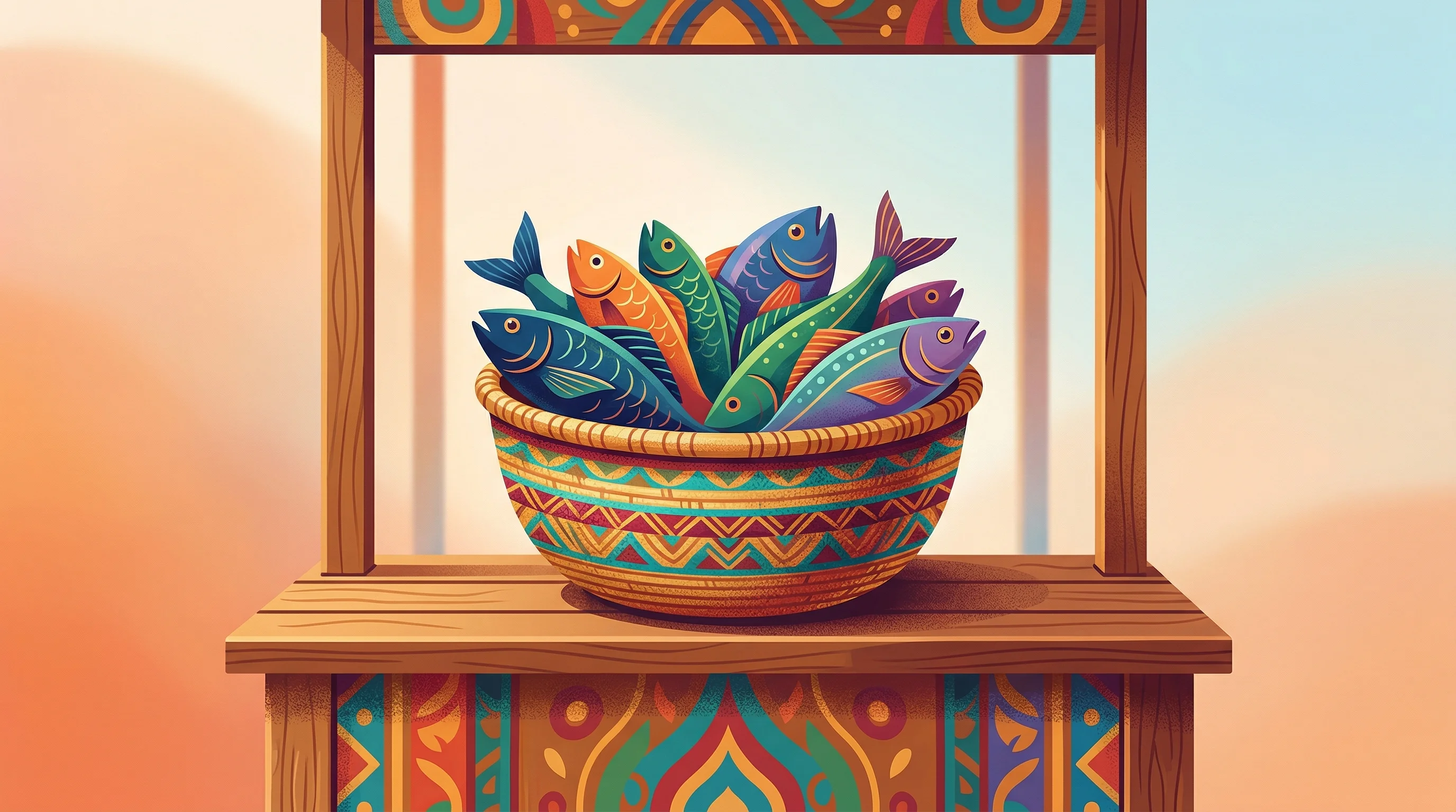 Digital illustration for article section "Mama Samakis and the Distribution Puzzle" in "Victory Farms Raises $15M to Scale Sustainable Tilapia Across East Africa" - A clean, minimalist conceptual illustration of an East African open-air fish market stall, focusing ...