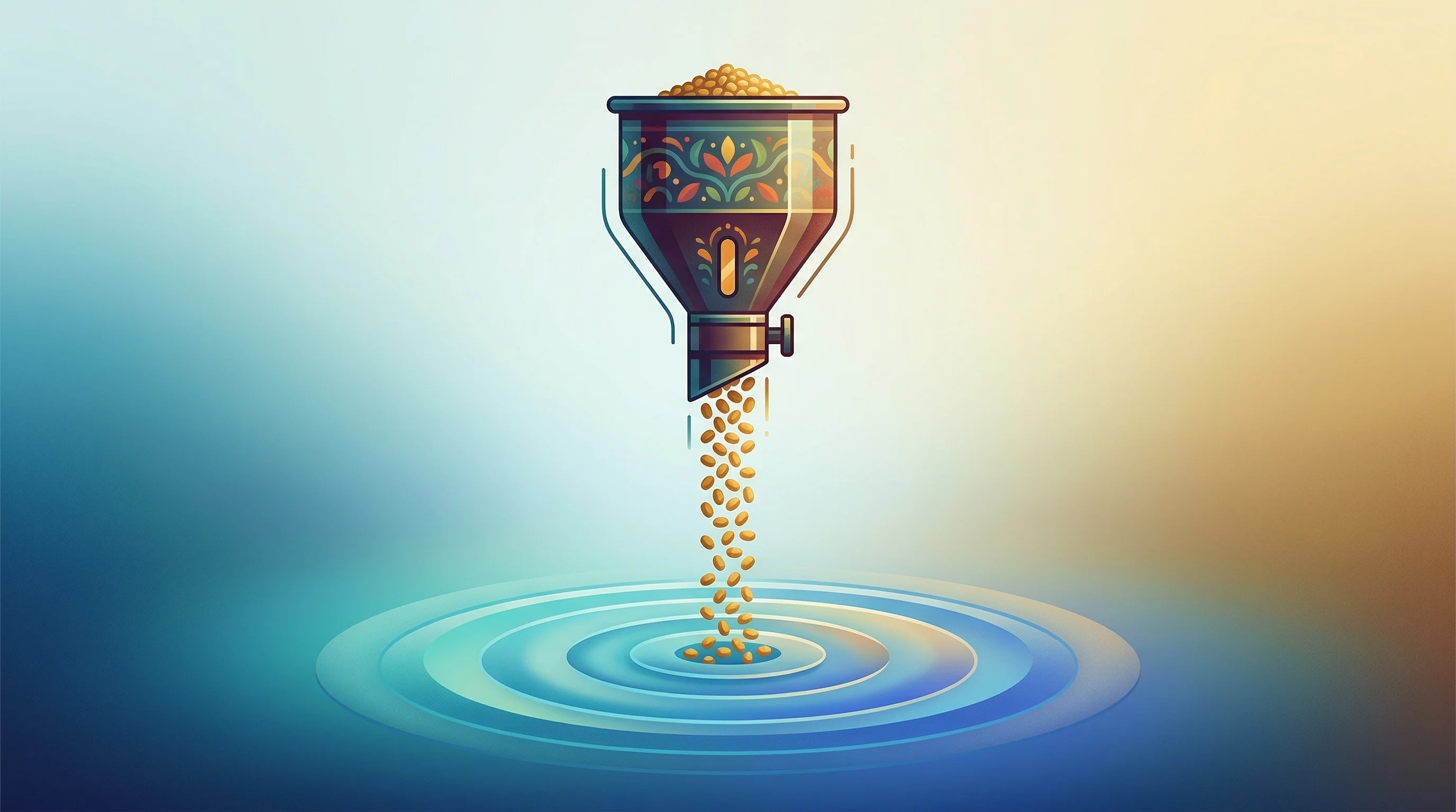 Digital illustration for article section "Vertical Integration Through Feed" in "Victory Farms Raises $15M to Scale Sustainable Tilapia Across East Africa" - A clean and minimalist conceptual illustration of a sleek, stylized industrial hopper elegantly disp...