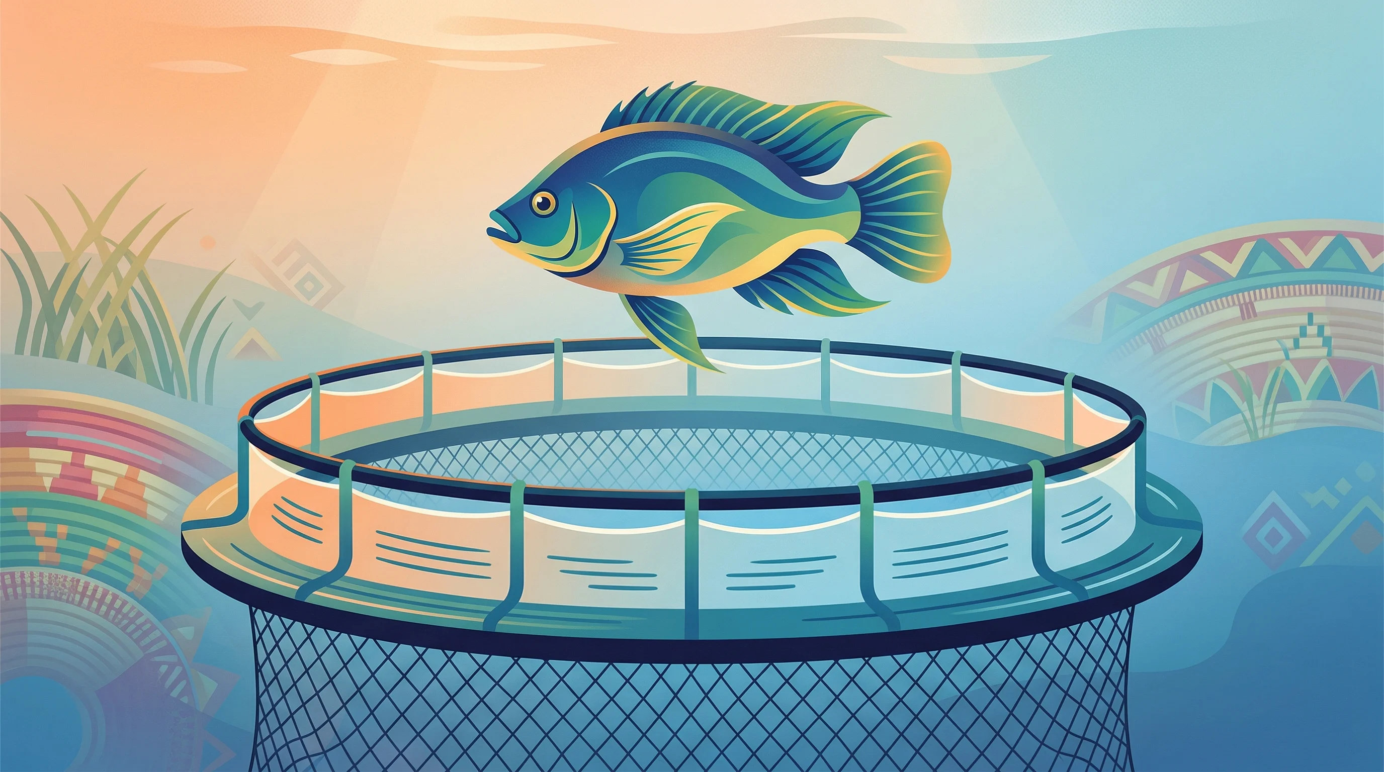 Digital illustration for article section "The 30,000-Ton Question" in "Victory Farms Raises $15M to Scale Sustainable Tilapia Across East Africa" - A conceptual, modern illustration of large-scale cage aquaculture in East Africa, featuring a single...