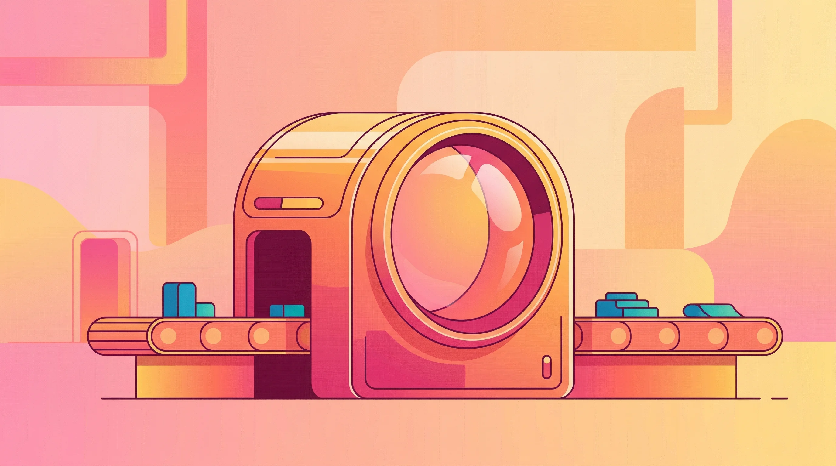 Digital illustration for article section "The Harder Part" in "CareGlance Raises $4.1M Seed for Industrial OCT Sensors" - A modern commercial illustration of a clean, minimalist factory production line featuring a stylized...