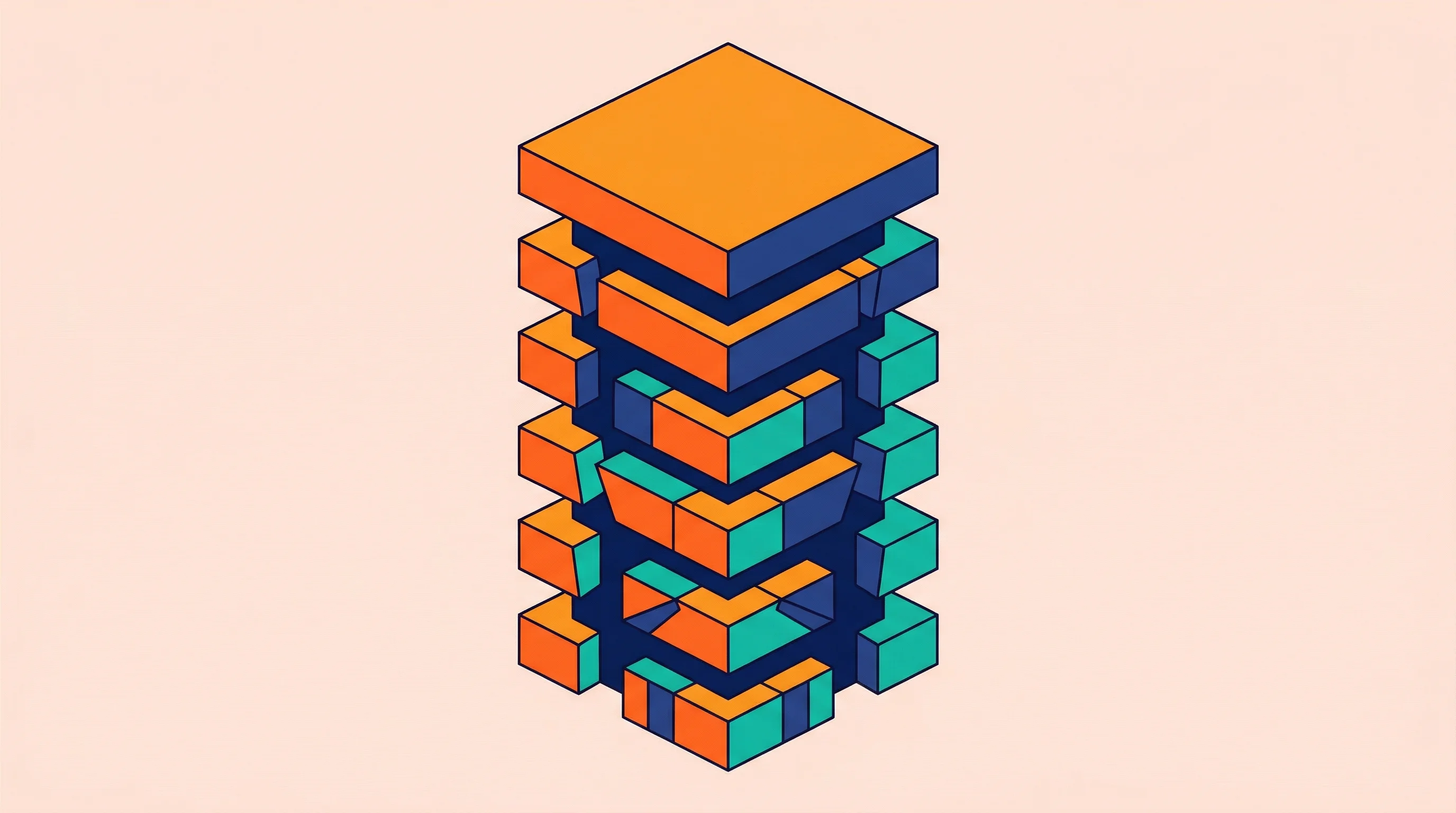 Digital illustration for article section "Error Correction Adds Another Layer of Complexity" in "Quantum Computing's Integration Crisis: Why 150K Lines Are Shrinking to 20" - A conceptual, retro-futuristic illustration of a single, towering geometric structure made of interl...