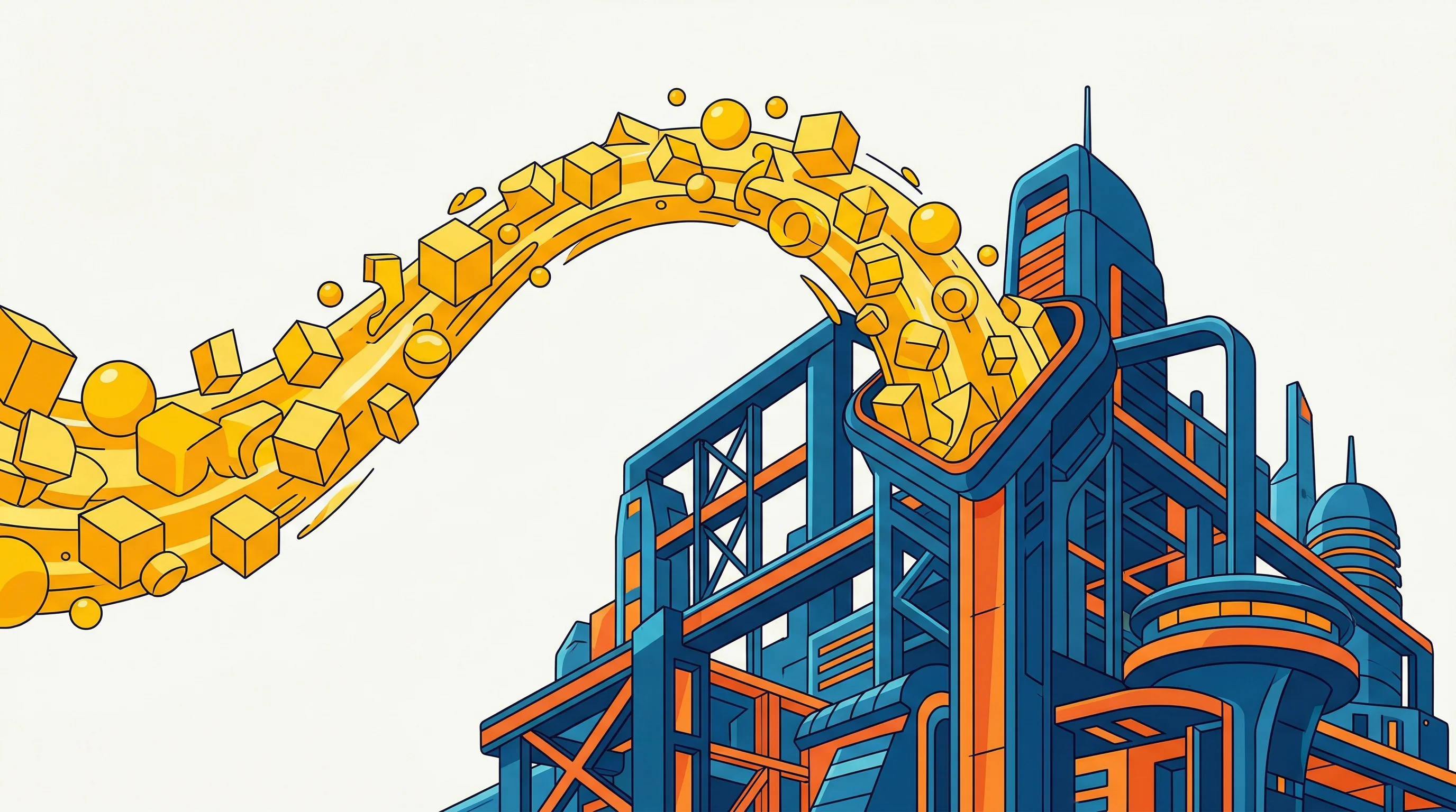 Digital illustration for article section "Where the Money Is Going" in "Quantum Computing's Integration Crisis: Why 150K Lines Are Shrinking to 20" - A conceptual, minimalist illustration depicting a vibrant, stylized stream of golden geometric shape...