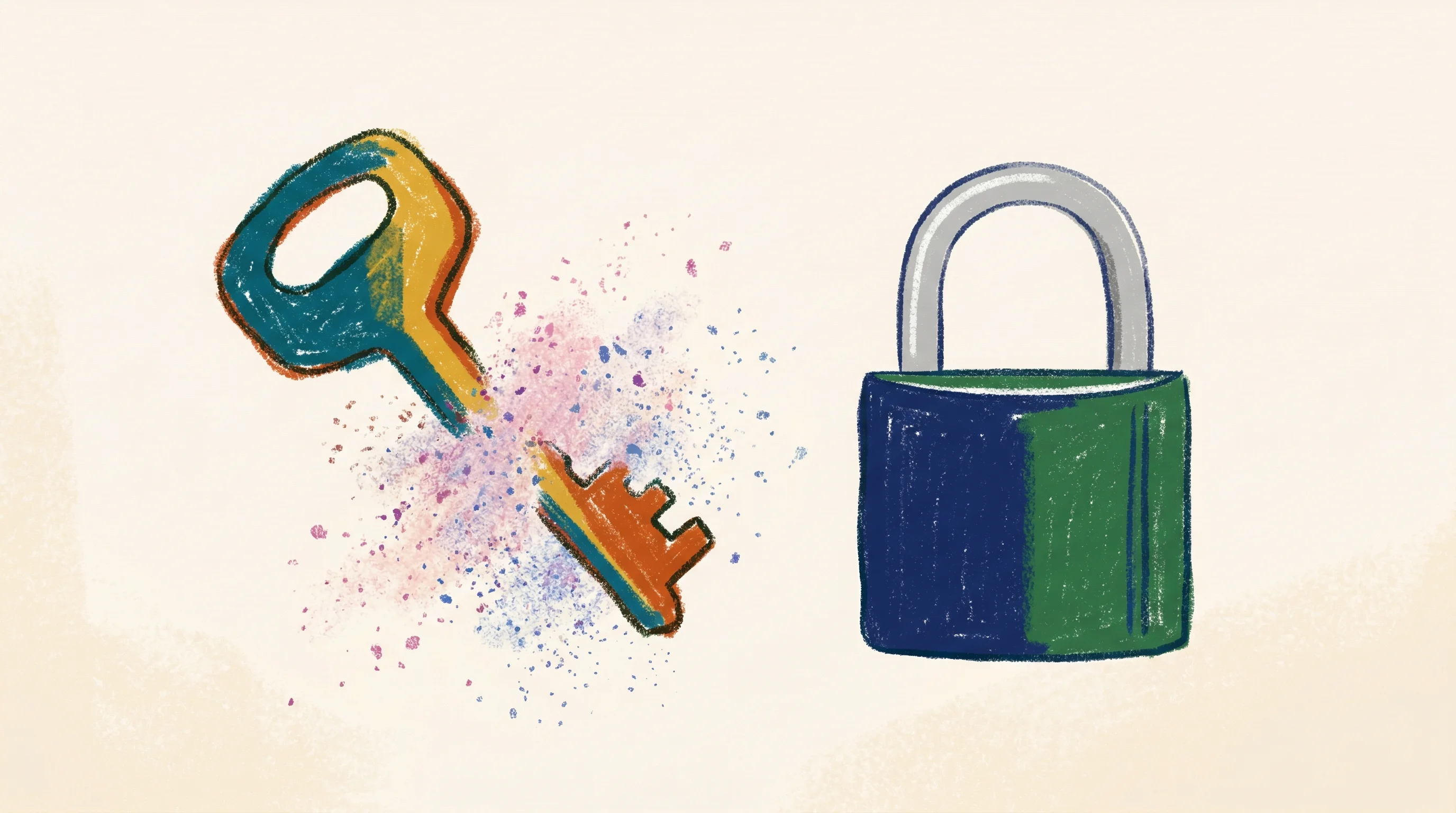 Digital illustration for article section "The Credentials That Aren't There" in "Astral Releases Security Framework After Wave of Supply Chain Attacks" - A minimalist, conceptual illustration of a single, oversized key dissolving into soft, colorful dust...