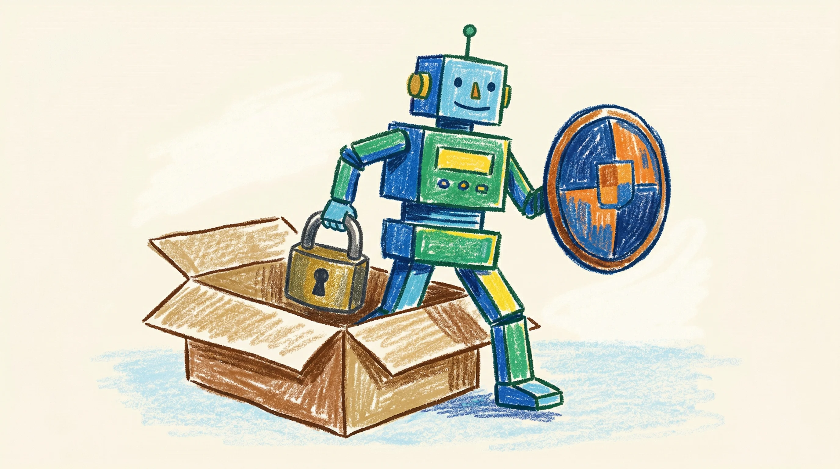 Digital illustration for article section "What Comes Next (and What Doesn't)" in "Astral Releases Security Framework After Wave of Supply Chain Attacks" - A clean, minimal composition featuring a simple, friendly, conceptual robot representing an automate...