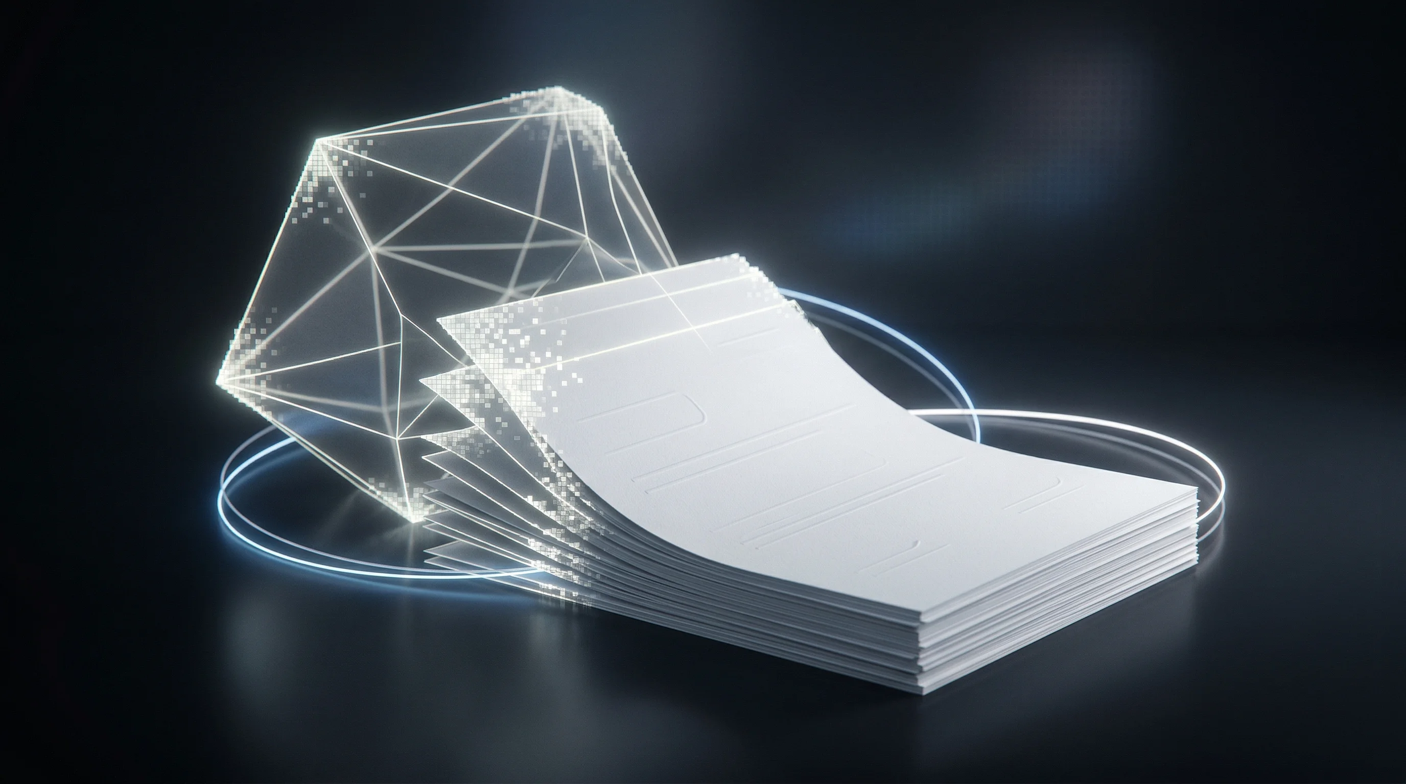 Digital illustration for article section "A Pivot from Visualization to Workflows" in "Zetane Raises $1.8M Seed to Build Sovereign AI for Government Docs" - A clean, minimalist conceptual image symbolizing a strategic pivot from 3D visualization to structur...