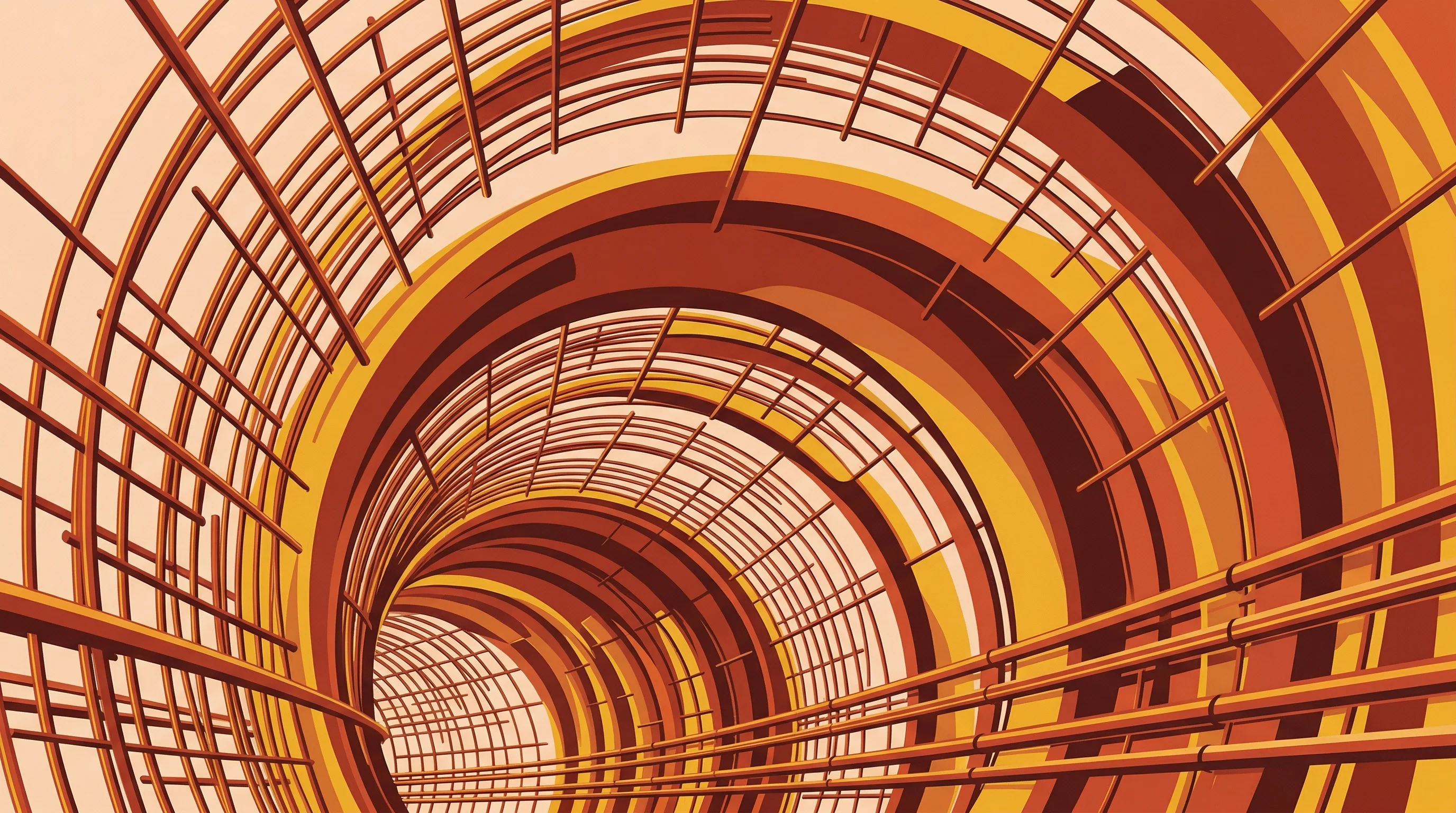 Digital illustration for article section "From Tunnels to Broader Ambitions" in "MESH Robotics Raises $3.8M Seed to Automate Construction Rebar" - A striking, minimalist illustration of a sweeping, curved tunnel interior constructed from elegant, ...