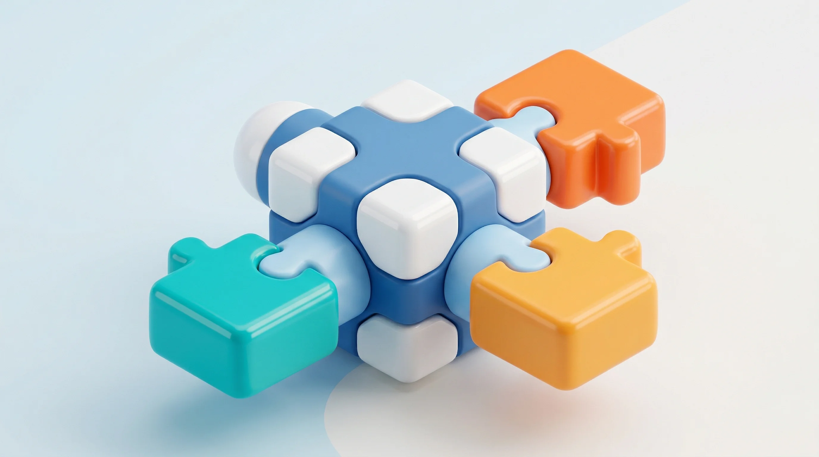 Digital illustration for article section "Scaling Integrations, Chasing Volume" in "Juno Raises $12M Seed to Automate Tax Prep for Professional Firms" - A sleek, minimalist 3D rendering of interlocking modular blocks expanding outward, symbolizing the s...