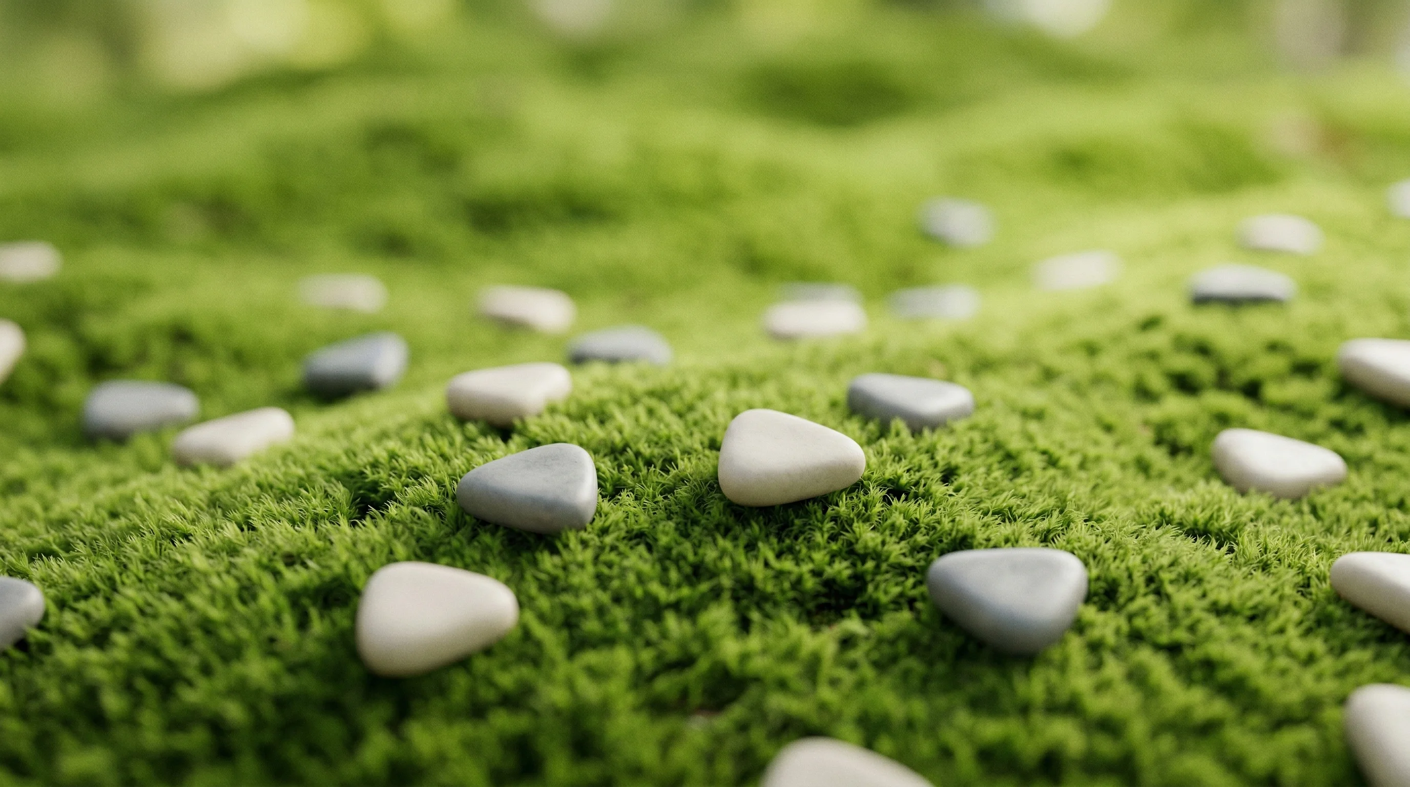 Digital illustration for article section "Wide Open" in "The AI Fundraising Co-Pilot Race: Who's Winning Founders' Attention" - A minimalist, conceptual macro-photography shot of a wide-open, vibrant green mossy landscape, symbo...