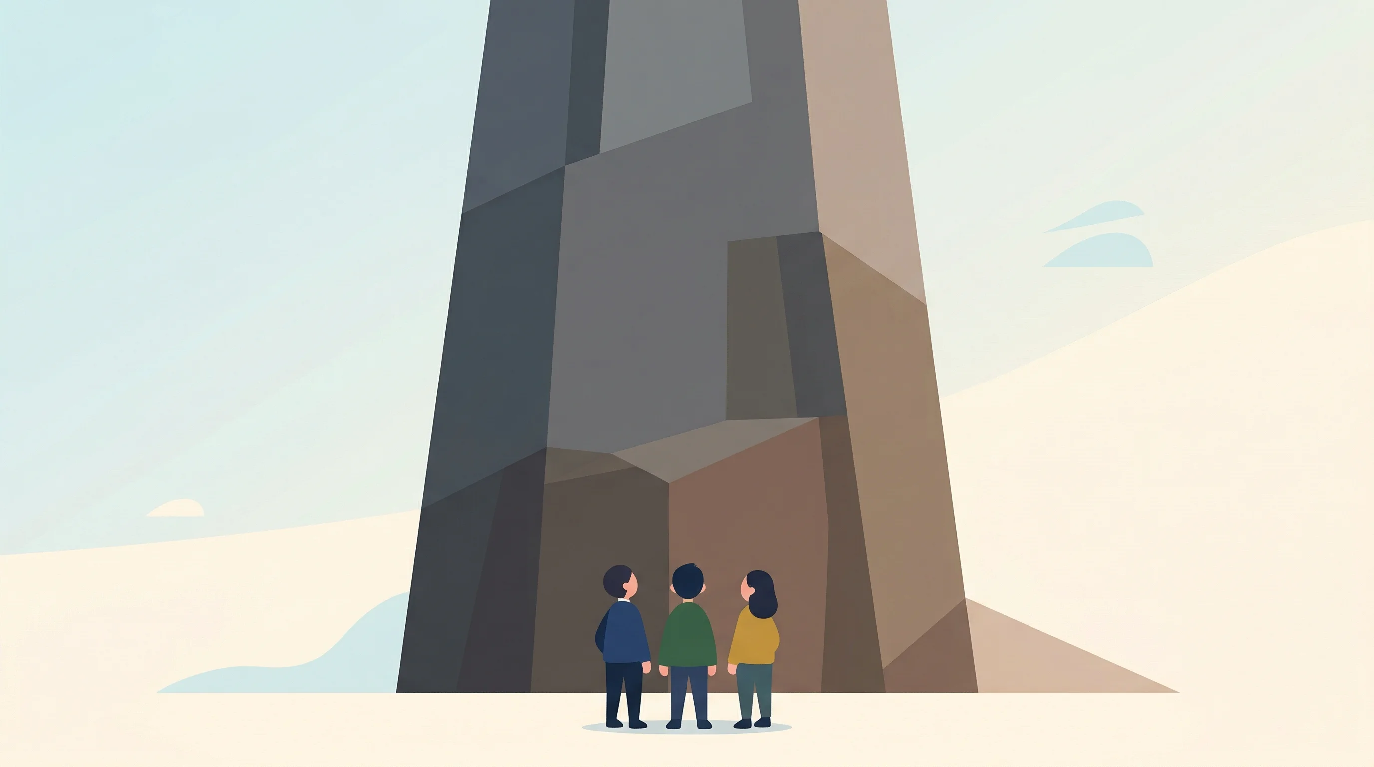 Digital illustration for article section "The Team Behind the Bet" in "GitButler Raises $17M to Build 'What Comes After Git'" - A minimalist, conceptual illustration of three small, stylized, and completely faceless figures stan...