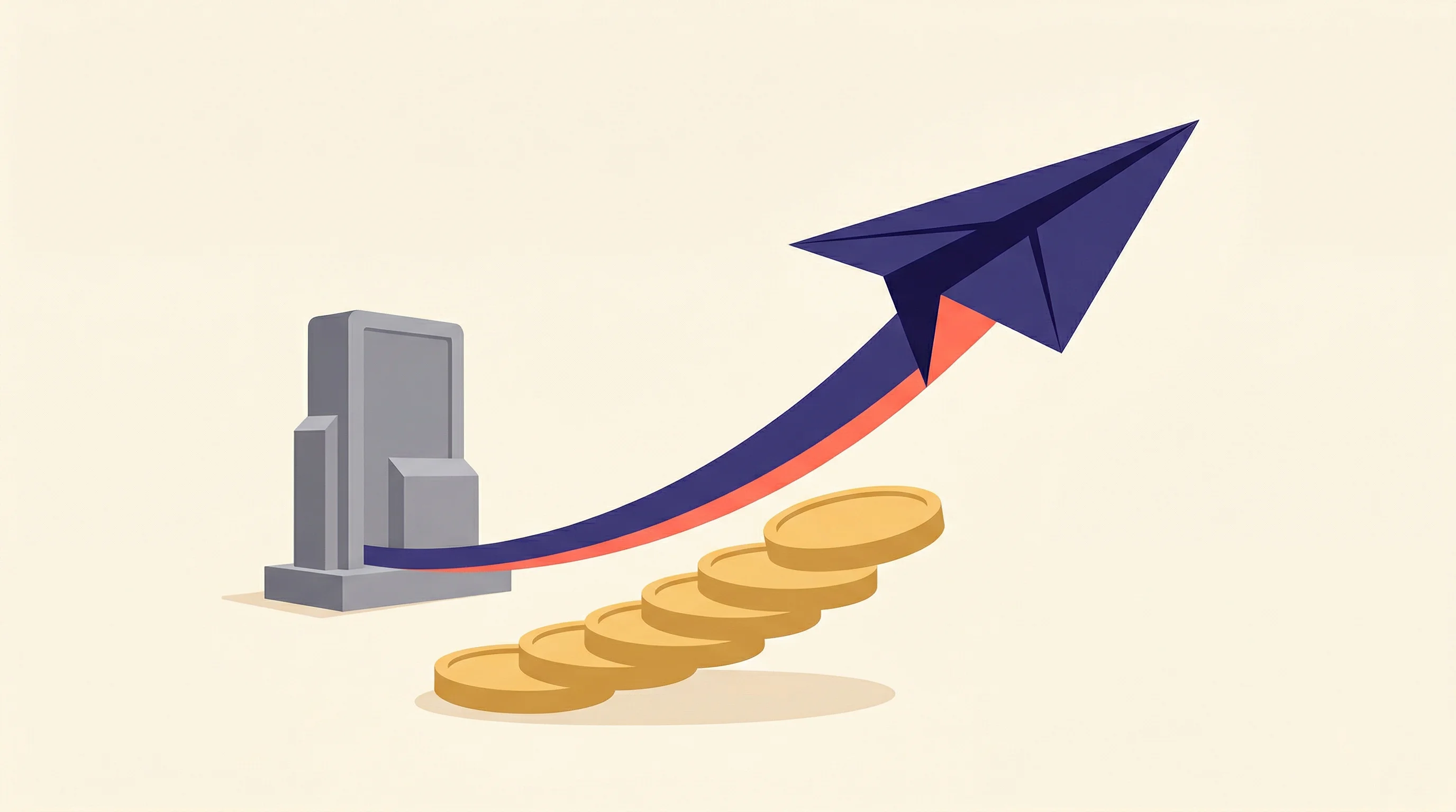 Digital illustration for article section "The $17 Million Question" in "GitButler Raises $17M to Build 'What Comes After Git'" - A conceptual, minimalist illustration depicting a sleek origami paper airplane soaring upward along ...