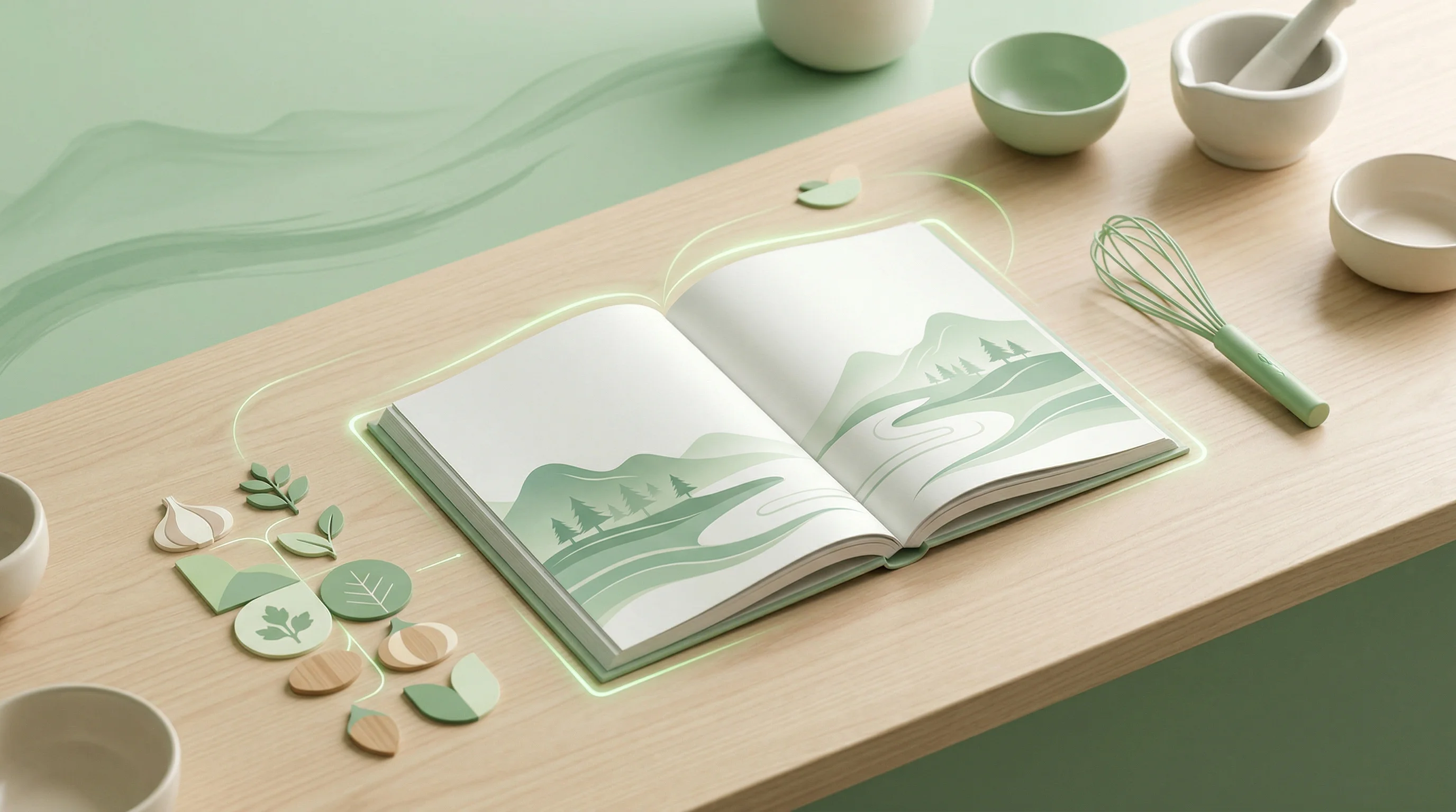 Digital illustration for article section "A Familiar Space, a Different Angle" in "Ex-Strava Founders Raise $2.3M for AI-Powered Cooking Social App" - A pristine, minimalist culinary workspace viewed from a distinct, elevated angle, featuring a sleek,...
