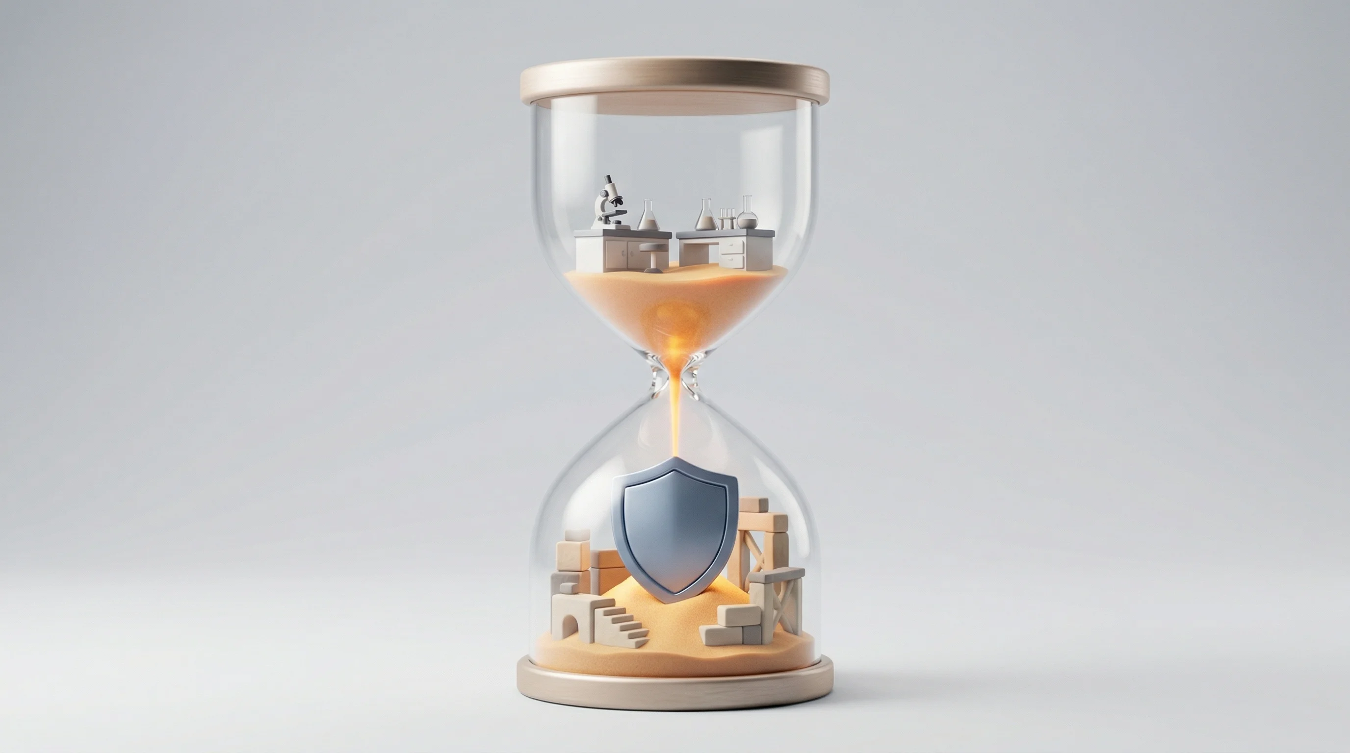 Digital illustration for article section "The Timing Question" in "Trent AI Secures $13M to Guard the Multi-Agent AI Frontier" - A conceptual and minimalist 3D miniature model of a modern hourglass representing the critical timin...