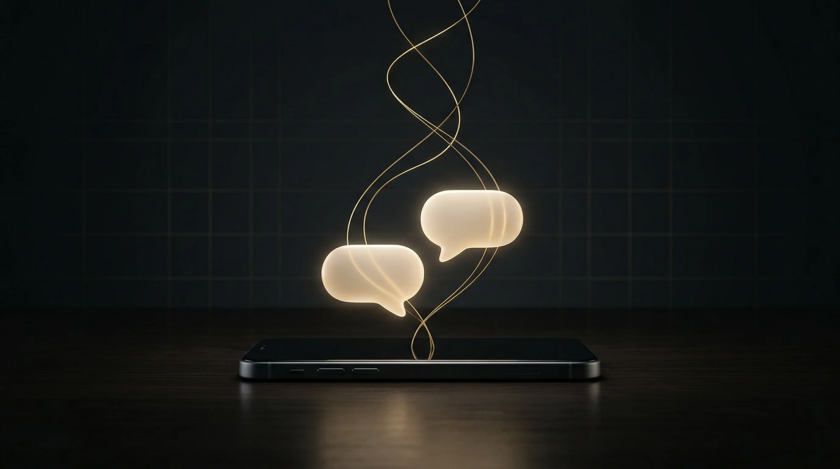 Digital illustration for article section "Enter Parker: The Candidate-Side Agent" in "YC-Backed Perfectly Debuts Autonomous Hiring Agent Named Paul" - A sleek, minimalist smartphone device resting on a polished, dark surface, emitting two smooth, floa...