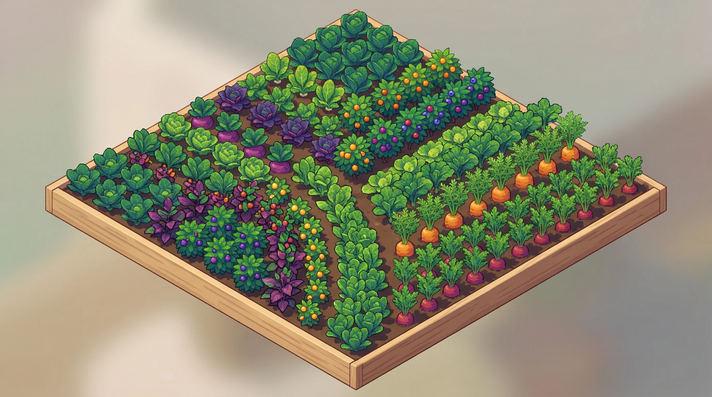 Digital illustration for article section "A Crowded Field, Divergent Strategies" in "Finally Foods Raises $2.6M to Farm Dairy Proteins in Potatoes" - A clean, minimalist top-down isometric view of a modern agricultural plot representing a crowded fie...