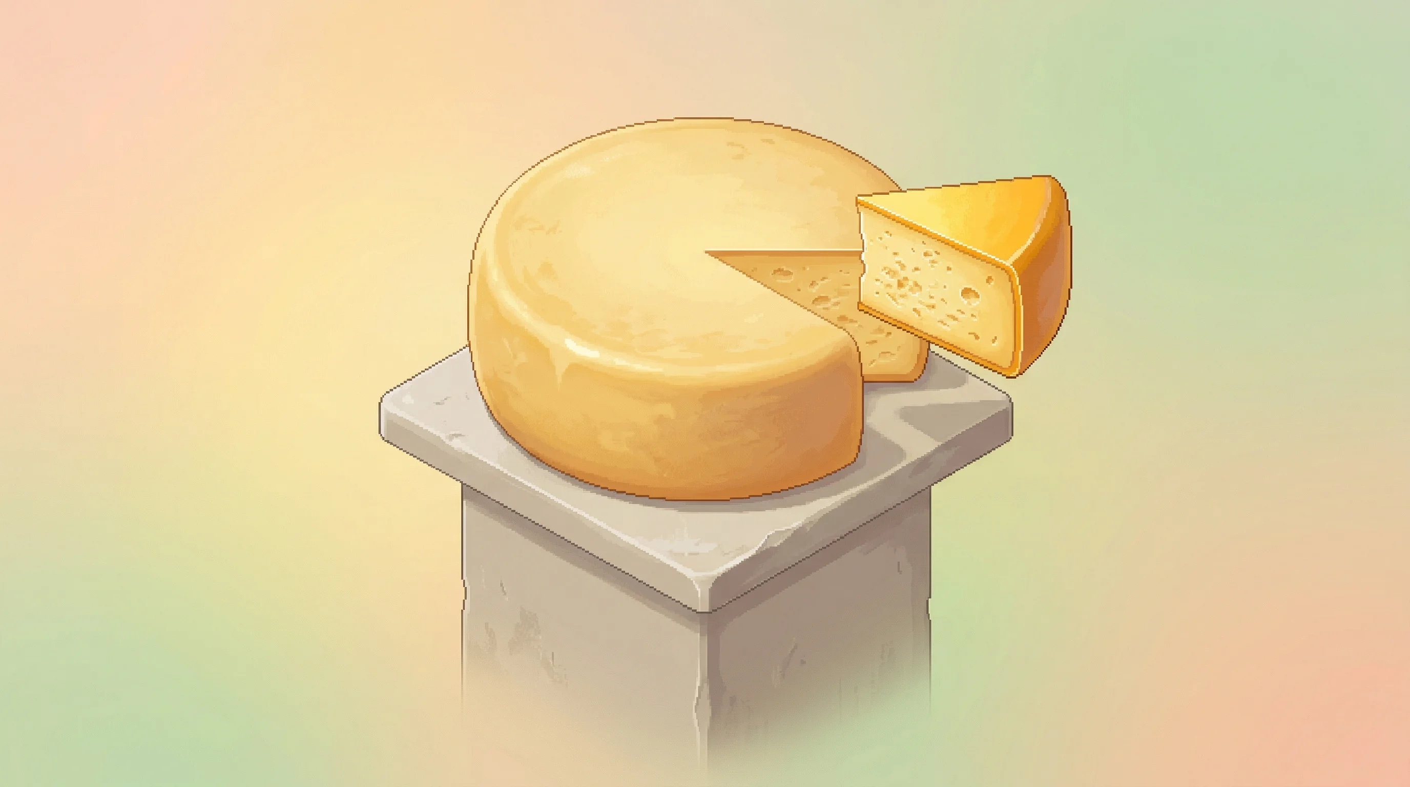 Digital illustration for article section "Sizing the Prize" in "Finally Foods Raises $2.6M to Farm Dairy Proteins in Potatoes" - An isometric top-down view of a giant, flawless wheel of golden cheese resting on a clean, minimalis...