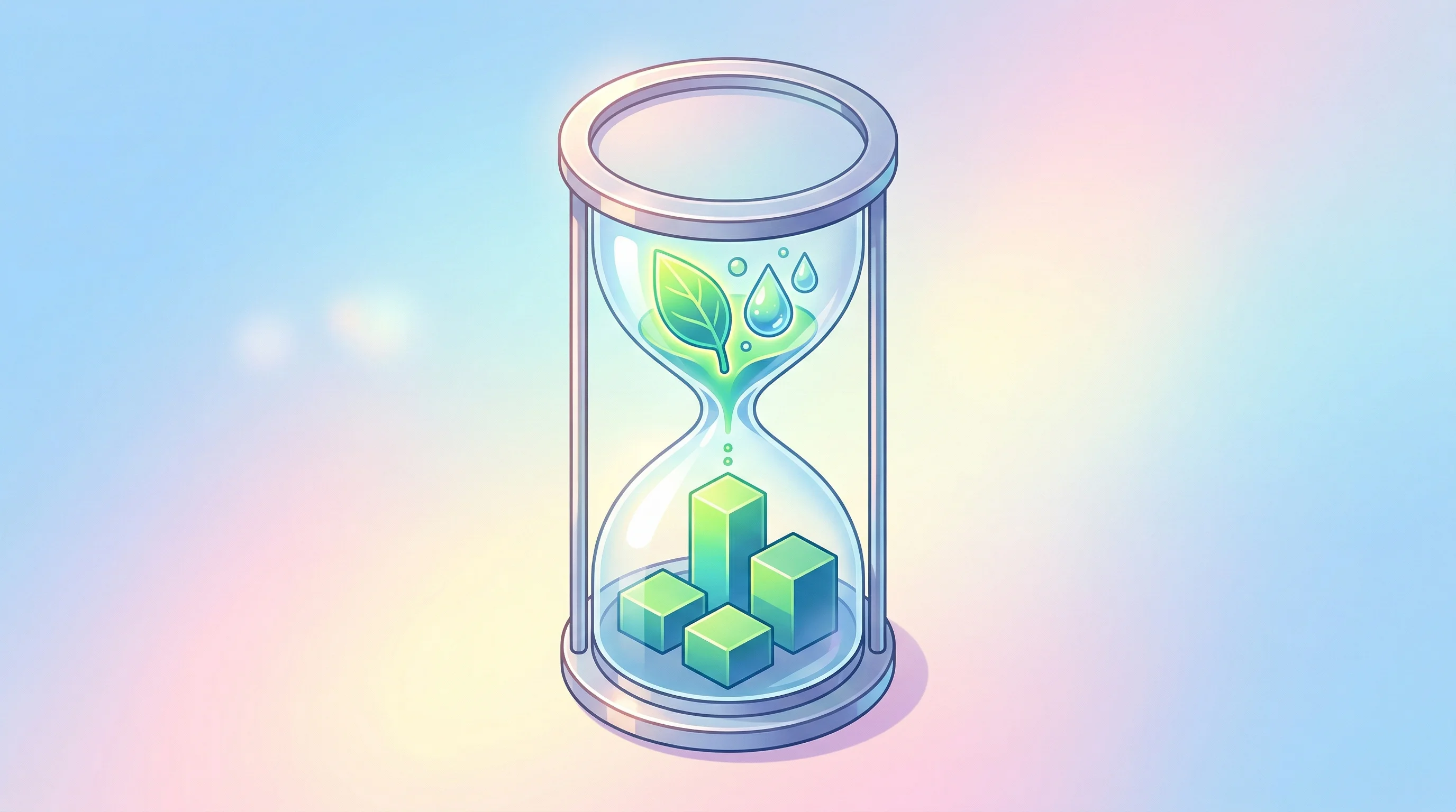 Digital illustration for article section "The Clock Is Ticking" in "Finally Foods Raises $2.6M to Farm Dairy Proteins in Potatoes" - A clean, minimal, and conceptual illustration of an elegant hourglass viewed from a top-down isometr...