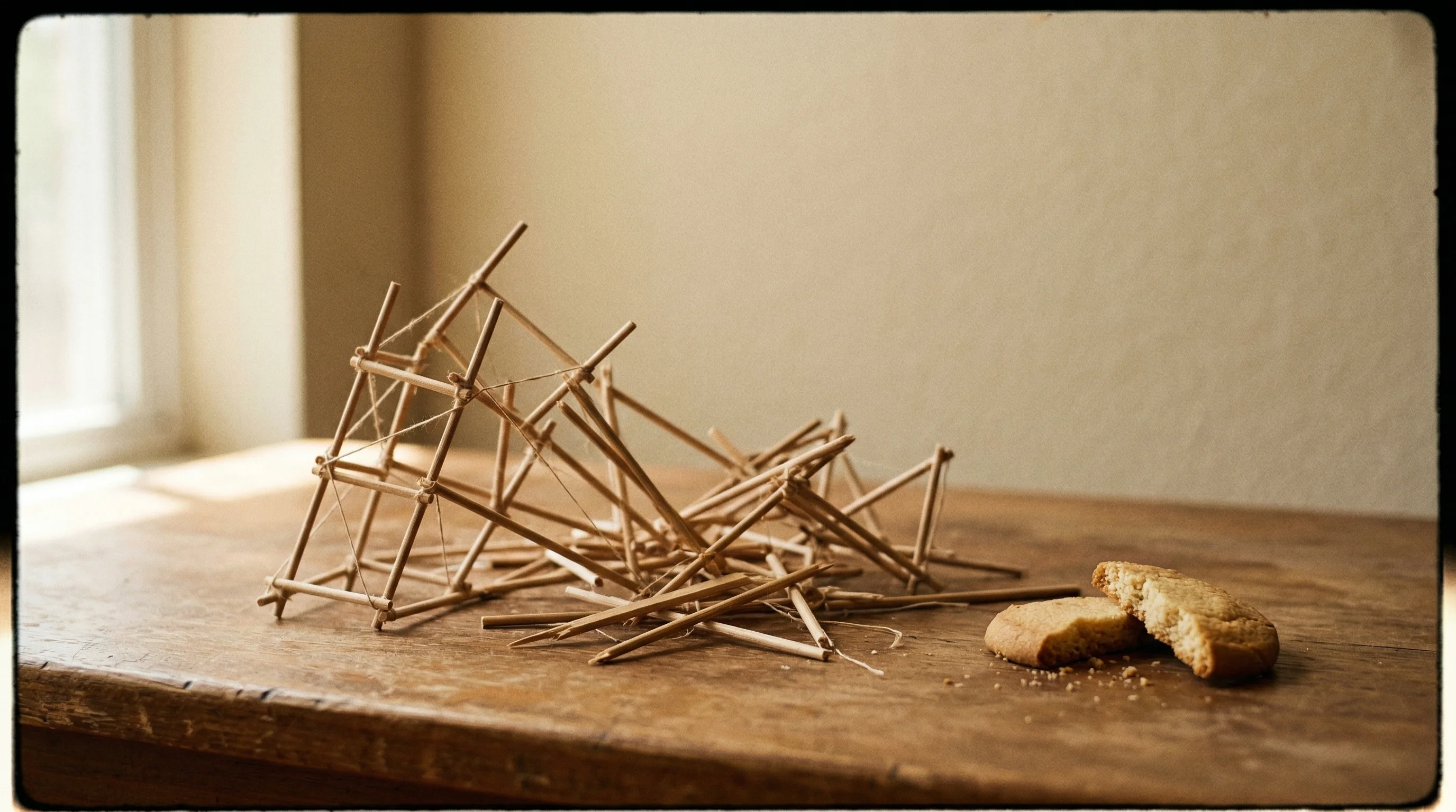 Digital illustration for article section "What the Wreckage Reveals" in "Cookie Snaps' Rise and Fall: A Cautionary Tale for Web3 Creators" - A minimal, conceptual still life featuring a delicate, collapsed architectural scaffolding structure...