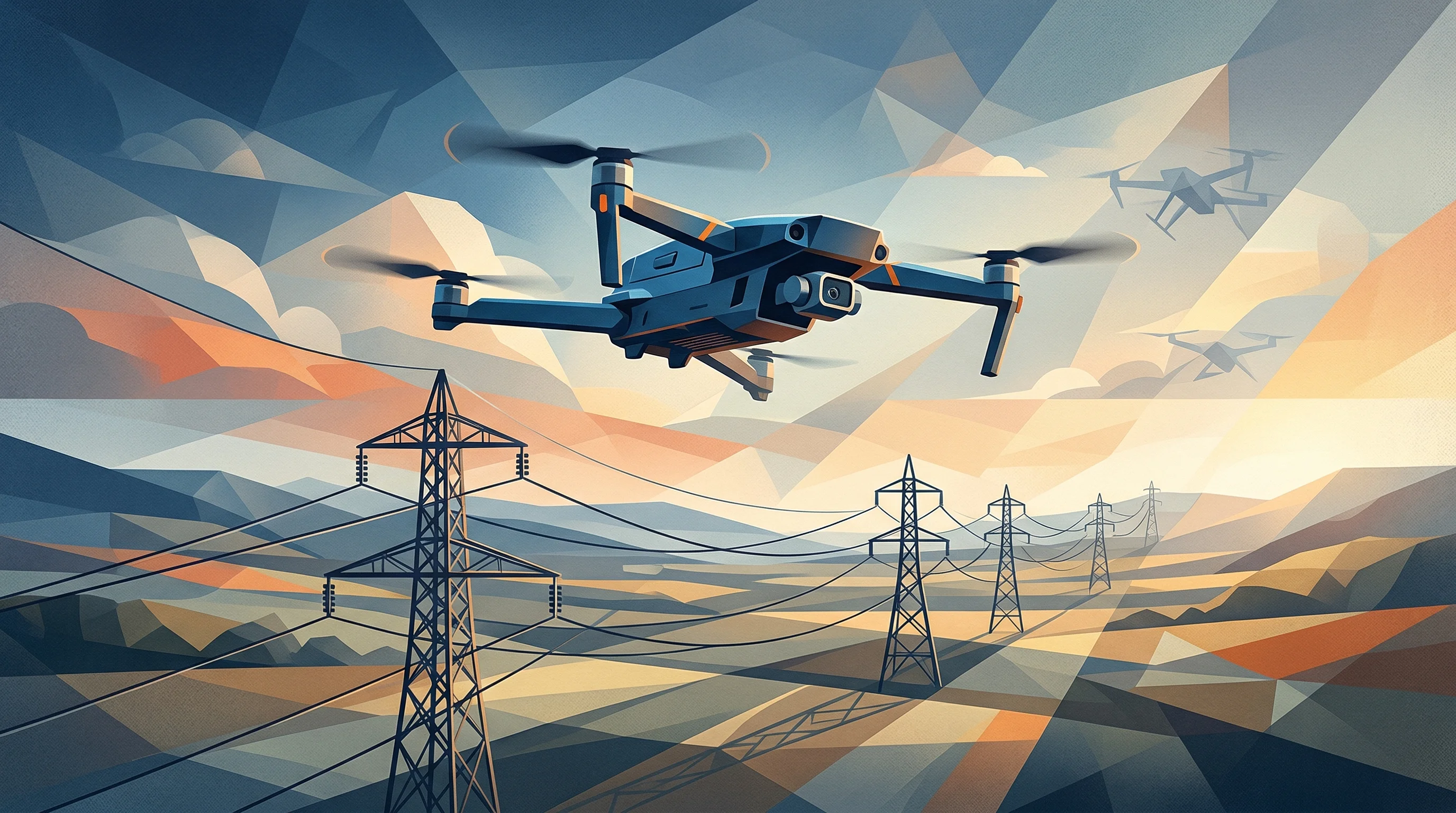 Digital illustration for article section "The Autonomy Arms Race" in "Voltair Launches Autonomous Drones That Charge on Power Poles" - A sleek, modern autonomous drone soaring smoothly above a vast network of minimalist high-voltage po...