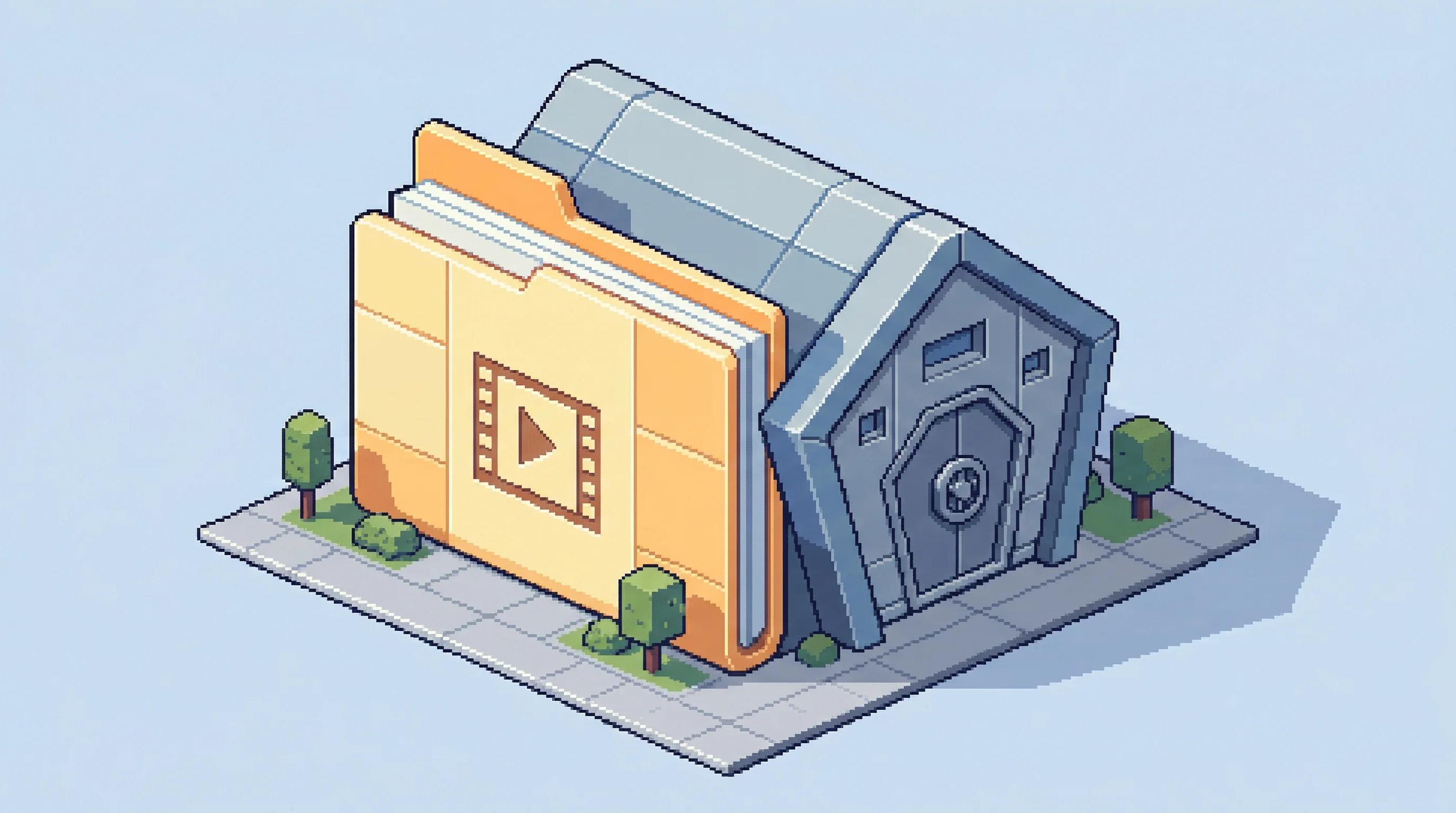 Digital illustration for article section "From Picture Shop to the Pentagon" in "Tsecond.ai Raises $21.5M for Battlefield Edge AI Infrastructure" - A clean, minimalist isometric pixel art illustration featuring a single, striking focal element: a m...