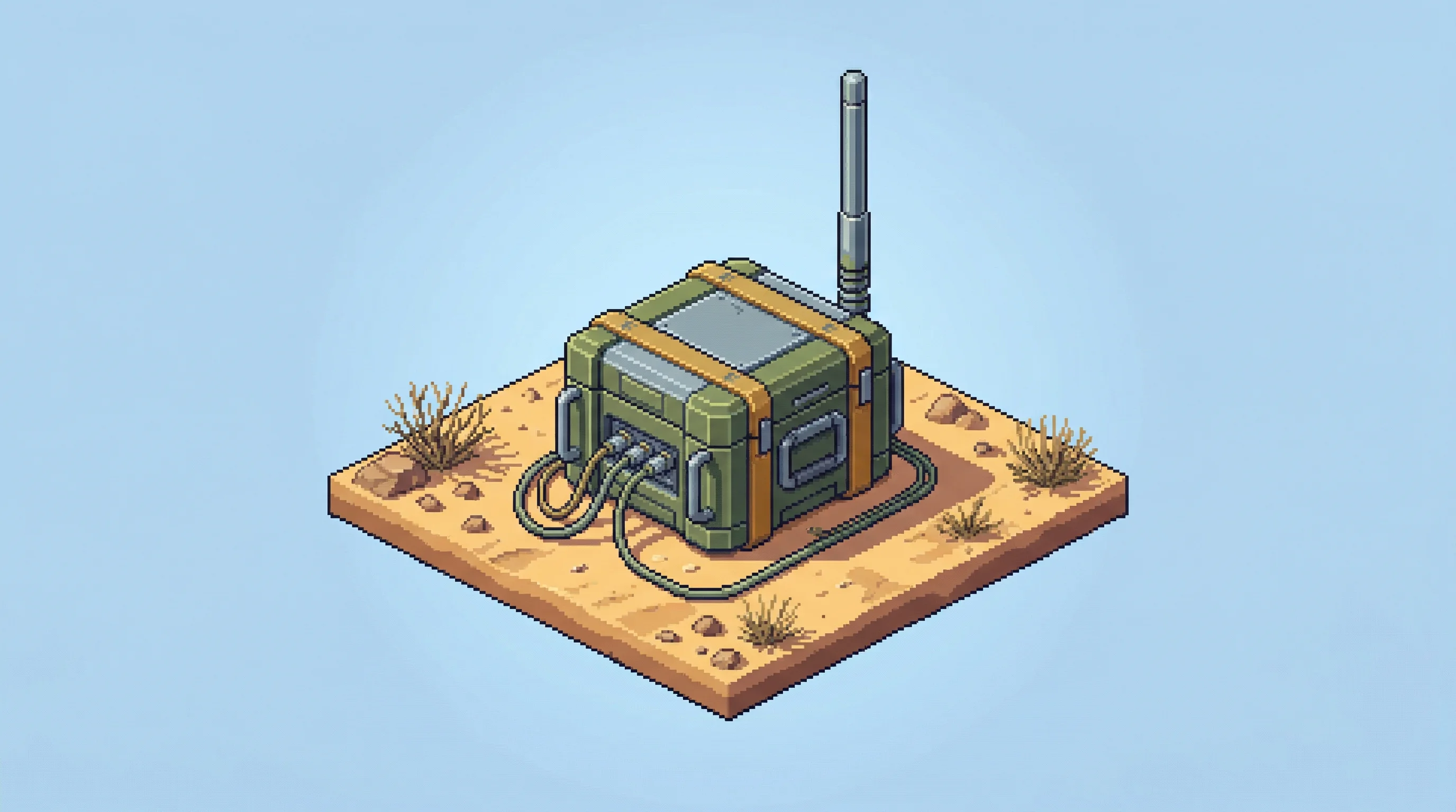 Digital illustration for article section "Validation in the Field" in "Tsecond.ai Raises $21.5M for Battlefield Edge AI Infrastructure" - A clean, minimal isometric pixel art illustration of a single piece of ruggedized military communica...