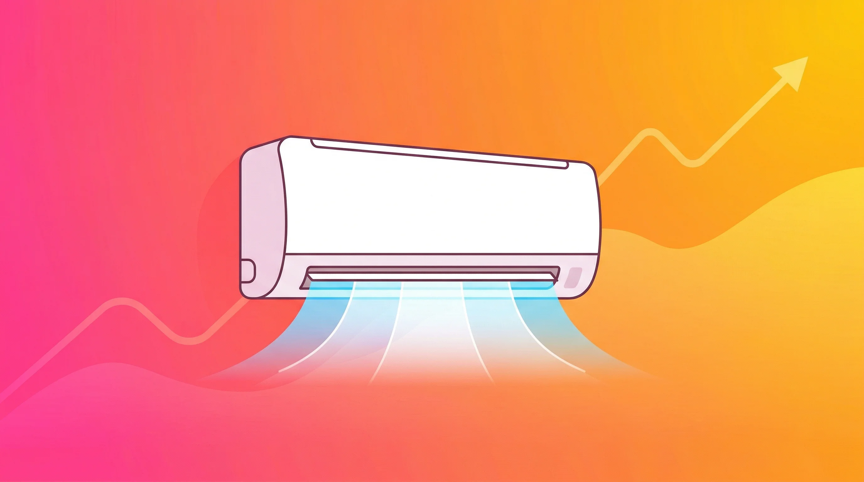 Digital illustration for article section "Cooling Demand, Rising Temps" in "Helium Smart Air Raises $2M for Compact, App-Controlled ACs" - A modern commercial illustration featuring a sleek, minimalist room air conditioning unit as the cen...