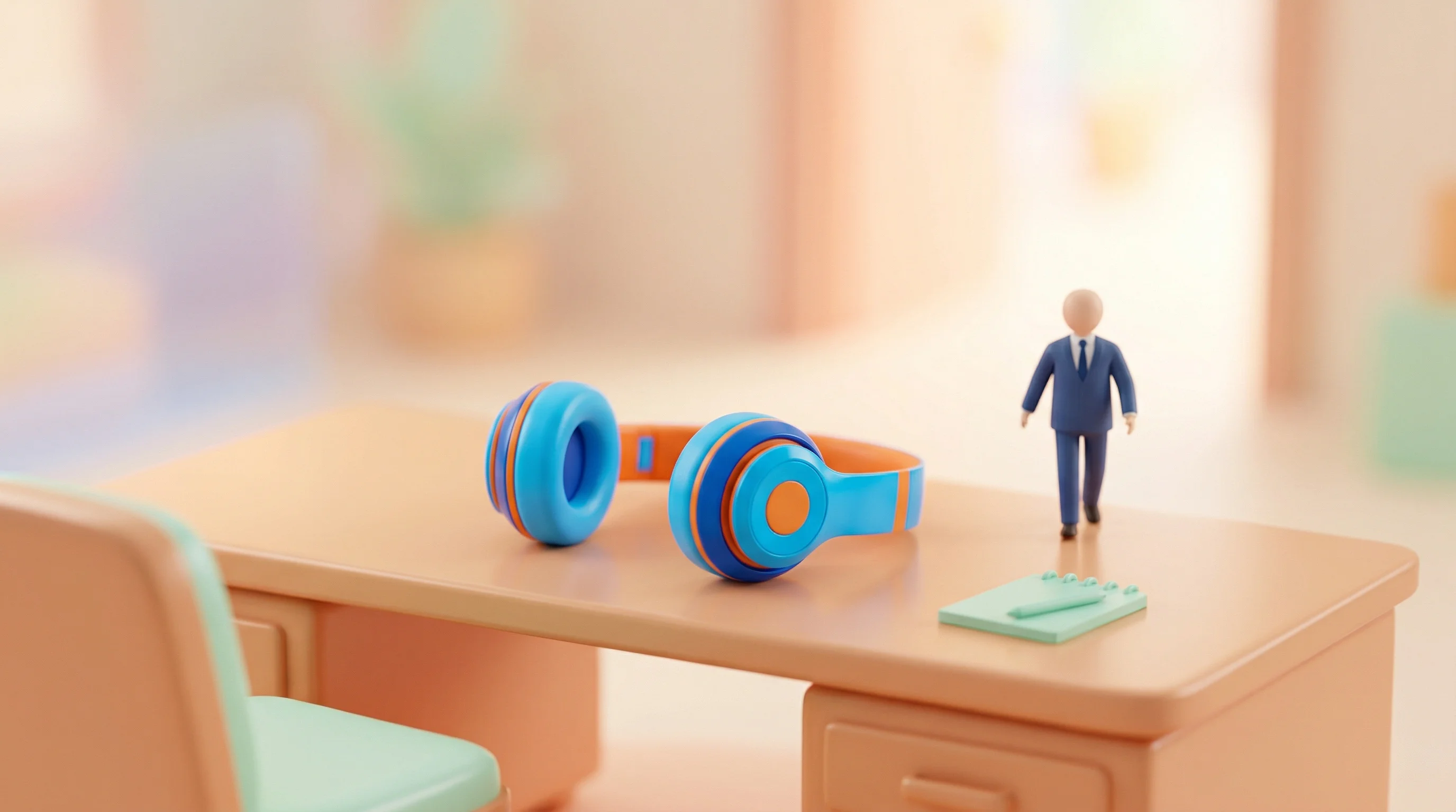 Digital illustration for article section "Leaving boAt Behind (Mostly)" in "boAt Founder Aman Gupta Raises ₹100 Crore for Stealth AI Venture" - A conceptual miniature model scene featuring a sleek, modern pair of wireless headphones resting on ...
