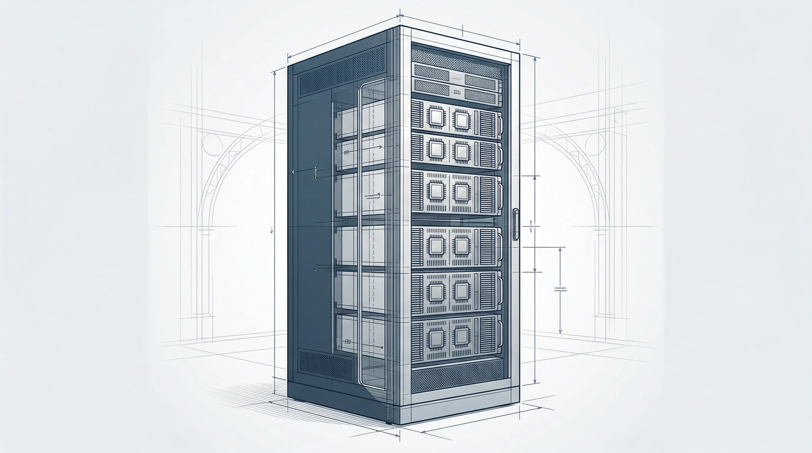 Digital illustration for article section "Mistral's Own Skin in the Game" in "Mistral AI's Sovereign Infrastructure Playbook Bets on European Control" - A clean, minimalist technical blueprint of a towering, modern data center server cabinet, visually r...