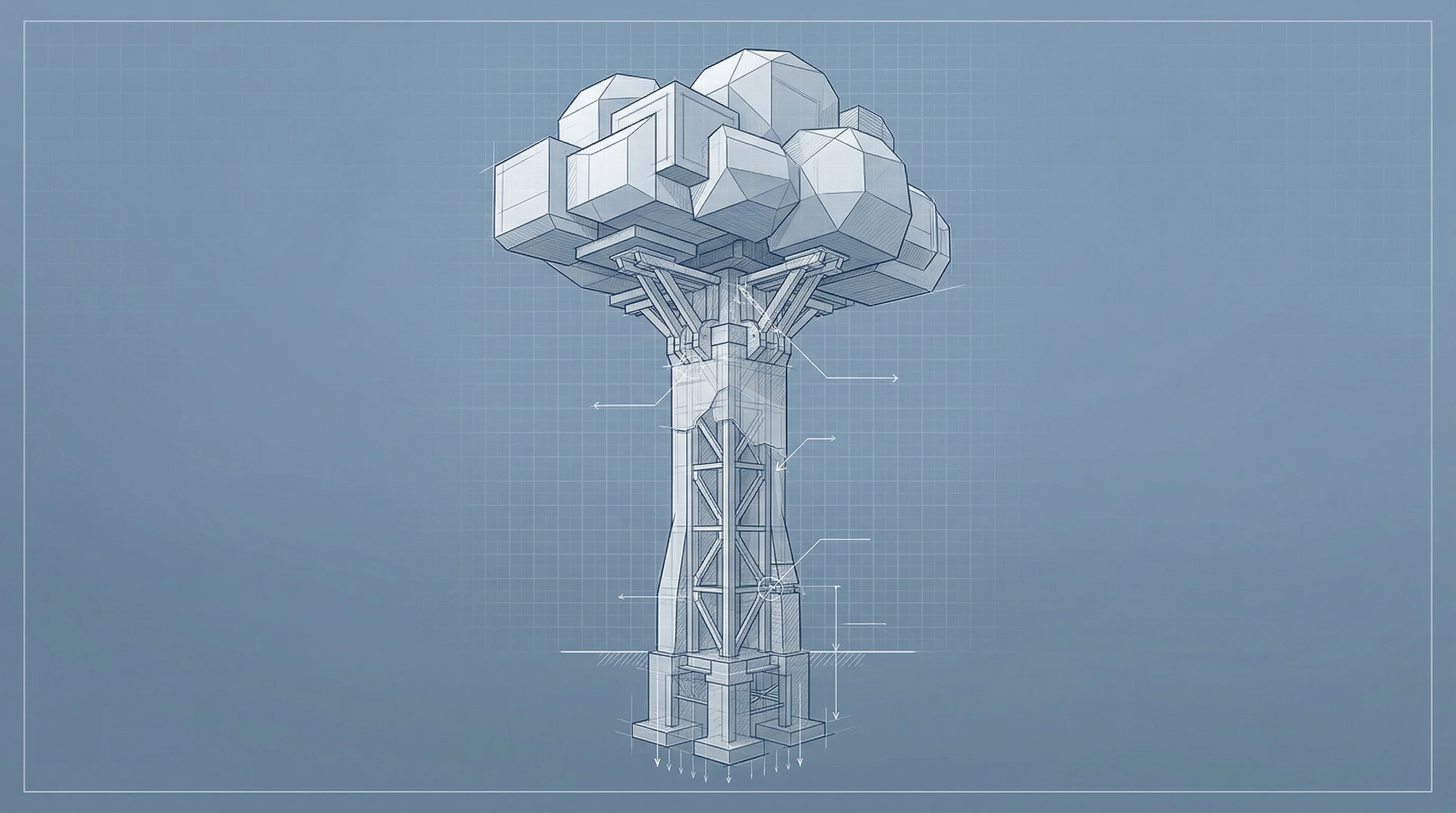 Digital illustration for article section "Execution Risk and Structural Constraints" in "Mistral AI's Sovereign Infrastructure Playbook Bets on European Control" - A single, massive architectural pillar supporting a heavy, abstract geometric cloud formation, symbo...