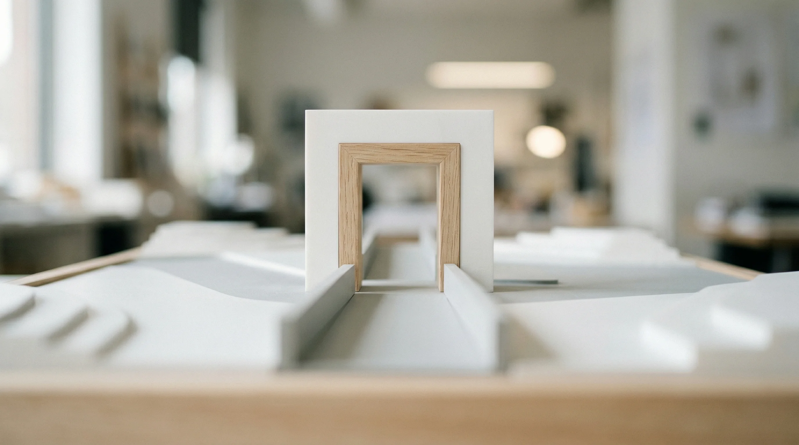 Digital illustration for article section "The Architecture Gambit" in "Claudraband Launches Power Features for Claude Code Amid Policy Gray Zone" - A macro photography shot of a minimalist architectural model representing a secure, deliberate pathw...