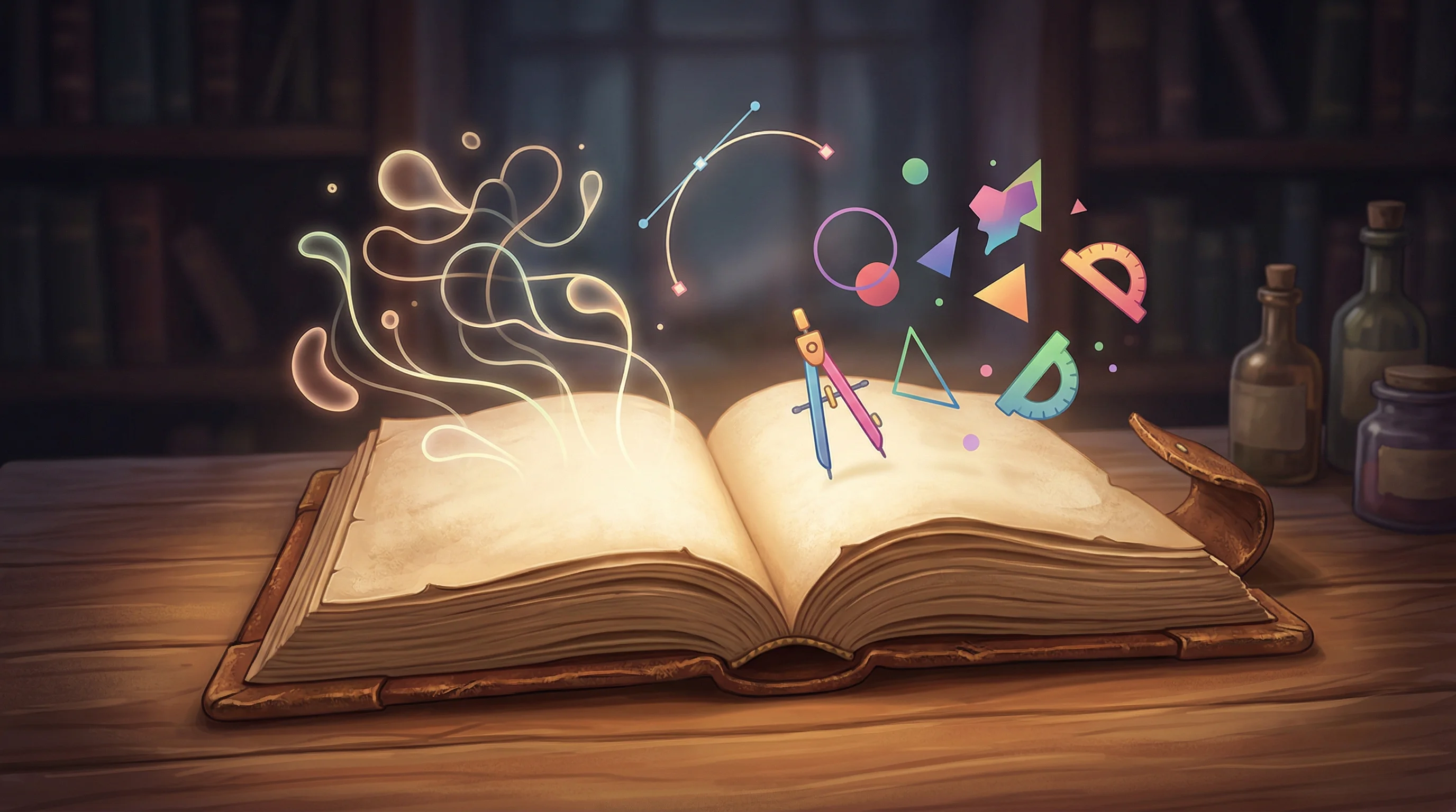 Digital illustration for article section "A Portfolio That Sprawls" in "How One Founder Runs Six $10K MRR SaaS on a $20/Month Stack" - A cozy, whimsical illustration of an open, oversized leather-bound catalog resting on a softly lit w...