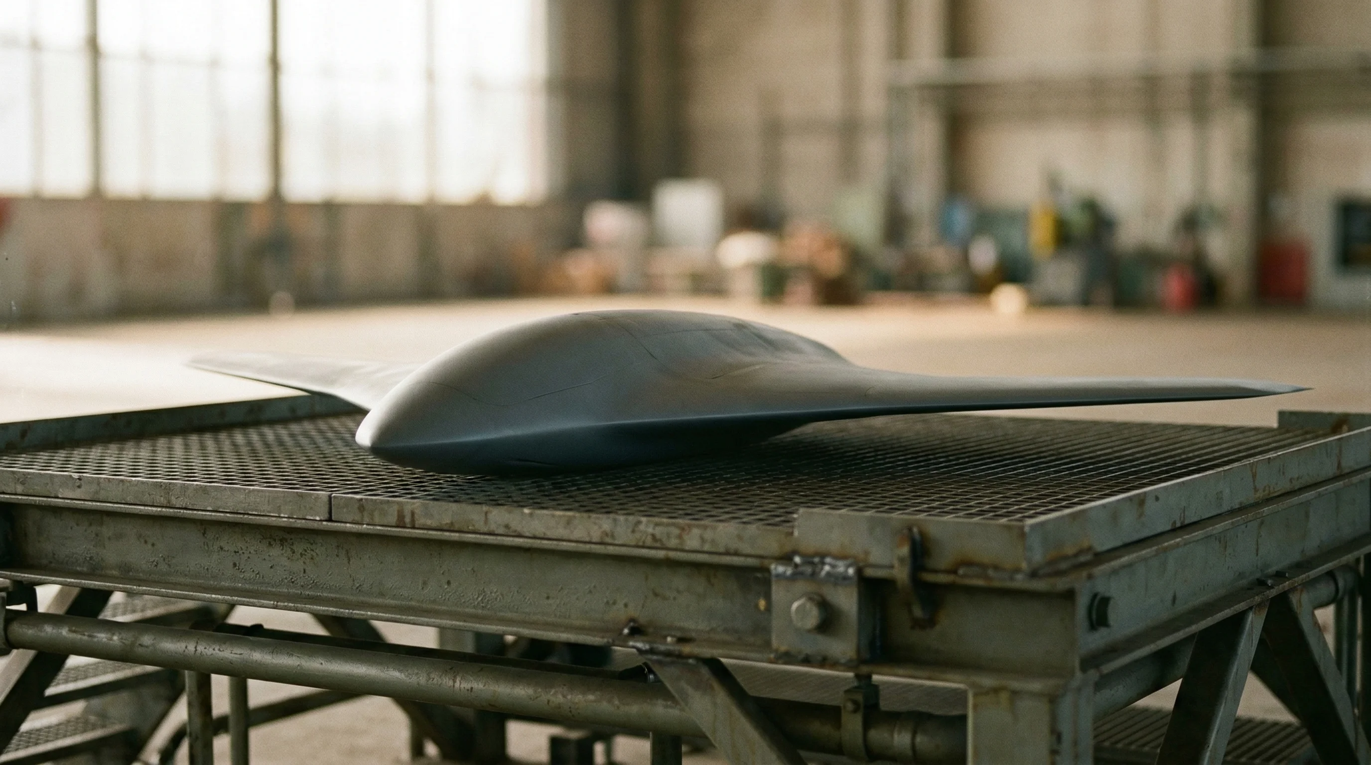 Digital illustration for article section "Content Section 5" in "Hybron Raises $20M Seed for Defense Composites Manufacturing" - A clean, minimal, and conceptual visualization of a sleek, modern unmanned aerospace structure or dr...