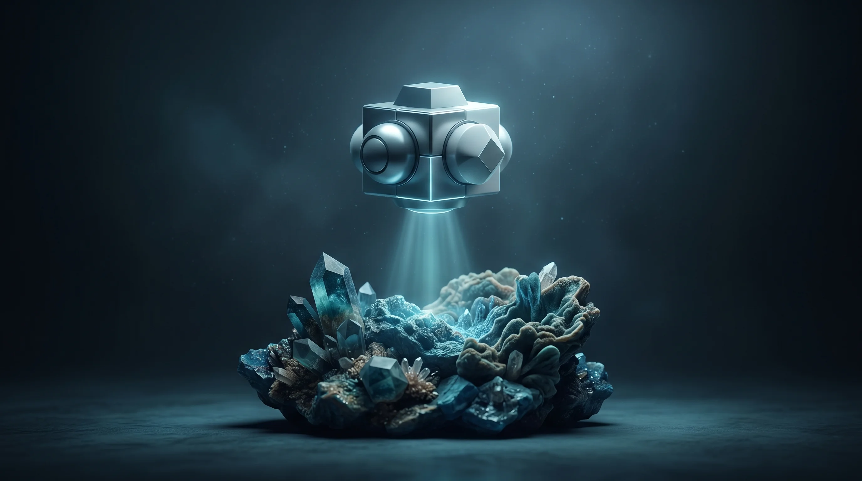 Digital illustration for article section "Traction in Unlikely Places" in "Deteqt Raises $5M for Diamond-on-Chip Quantum Sensors" - A minimalist, futuristic 3D conceptual rendering representing quantum magnetometry in mineral explor...