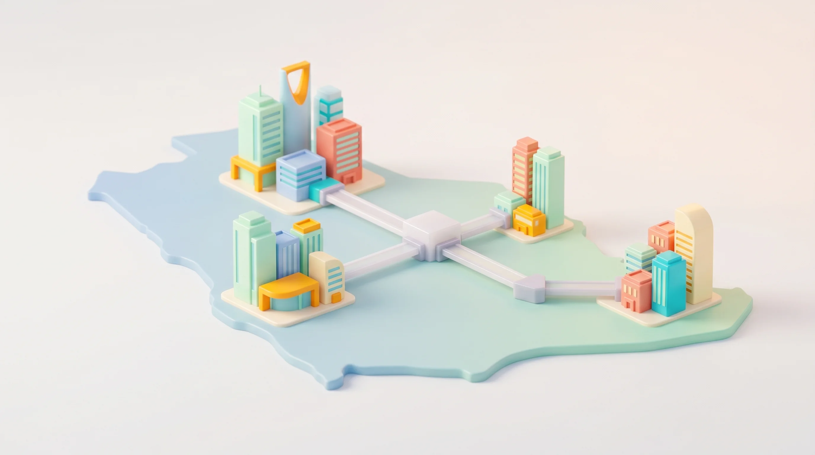 Digital illustration for article section "The Bigger Picture" in "Jozo Raises $2.2M Seed to Tokenize Saudi Real Estate" - A conceptual, clean, and minimal 3D miniature model representing business expansion and property dev...