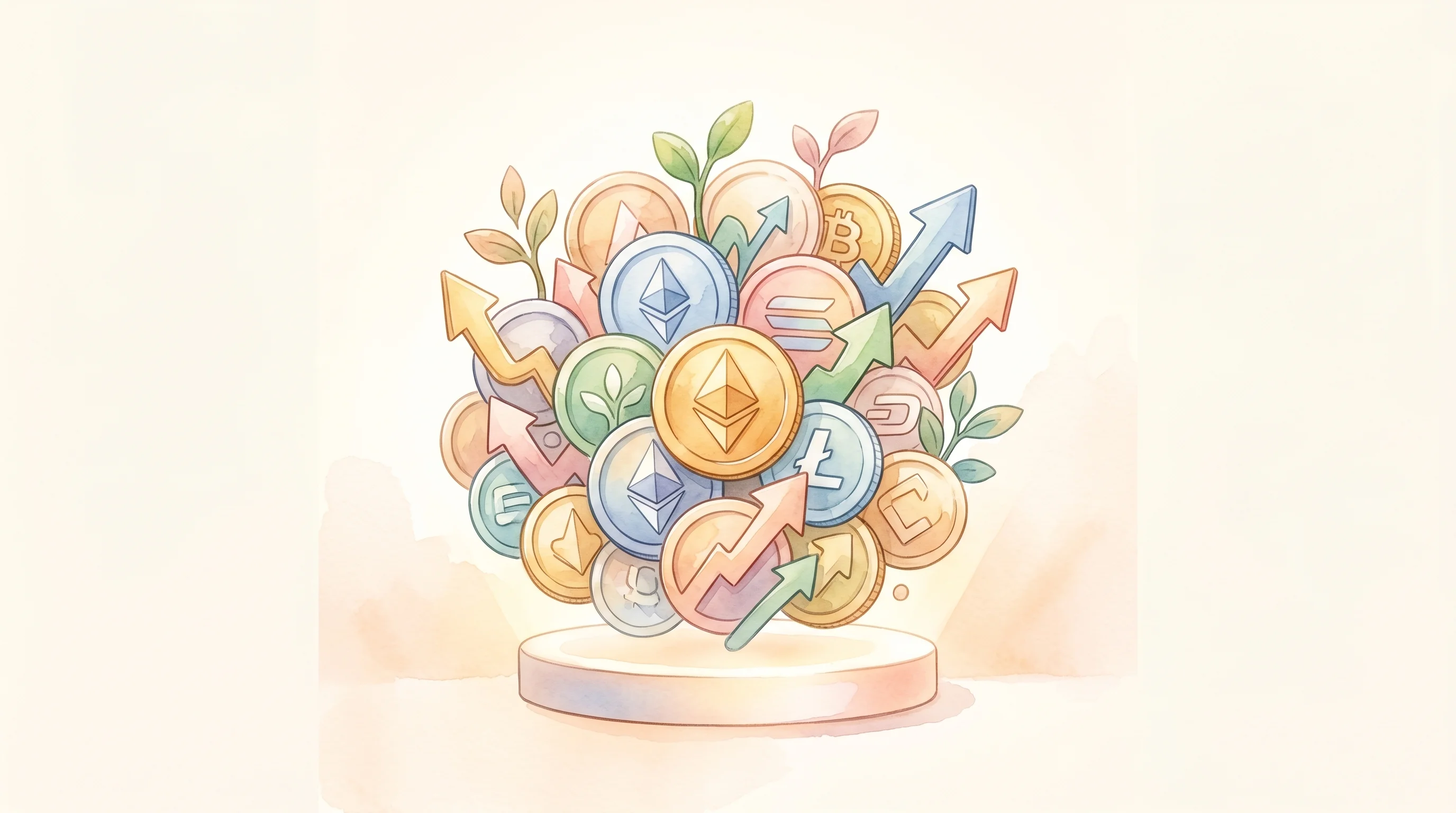 Digital illustration for article section "A Nascent, Crowded Space" in "Ralio Lands $2.5M Pre-Seed to Enable Safe AI Agent Payments" - A conceptual, minimalist illustration of several abstract payment tokens and stylized financial grow...