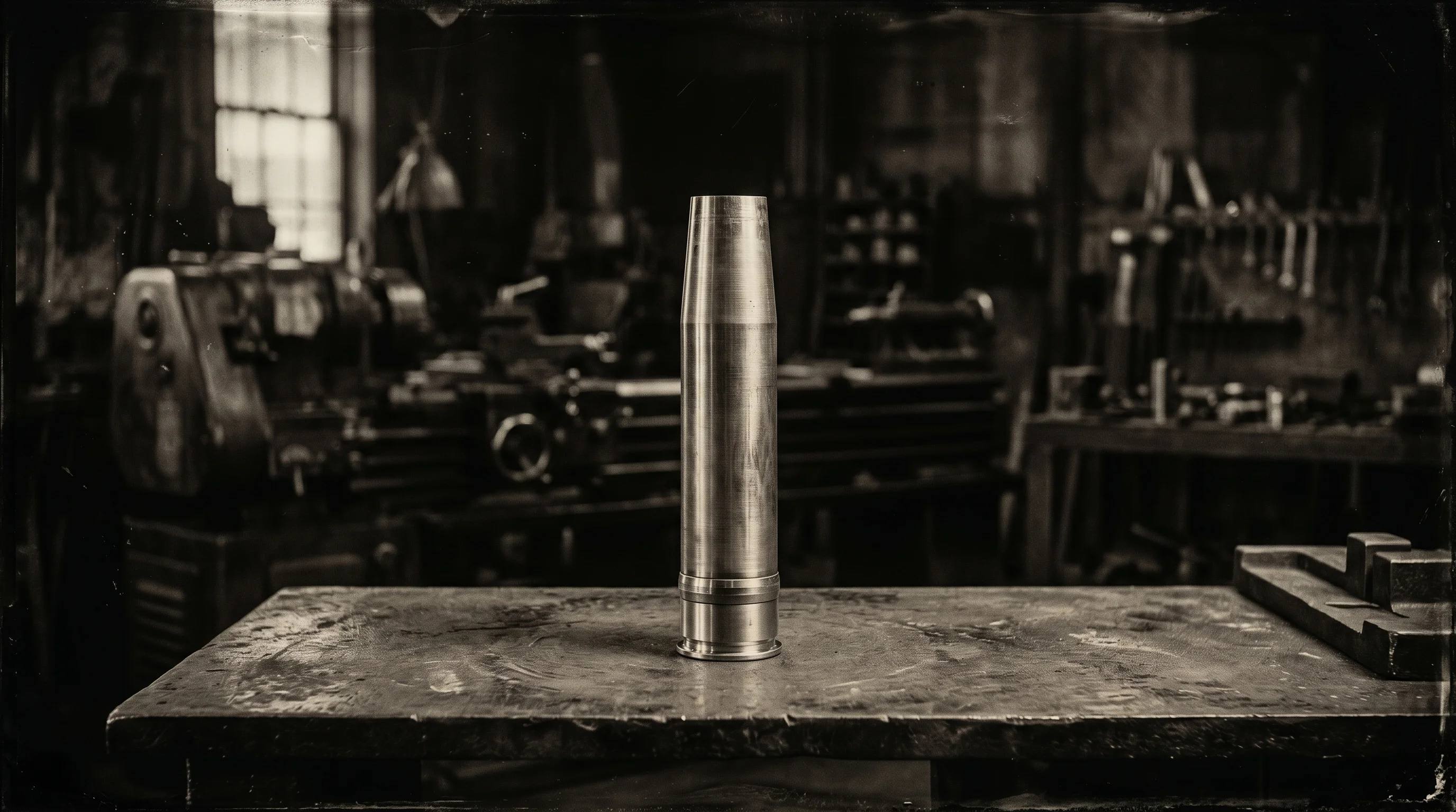 Digital illustration for article section "A Supply Chain Problem, and an Opportunity" in "Hybron Raises $25M Seed Led by Marque for Defense Composites" - A minimalist, conceptual still life of a single, newly machined artillery shell casing standing upri...