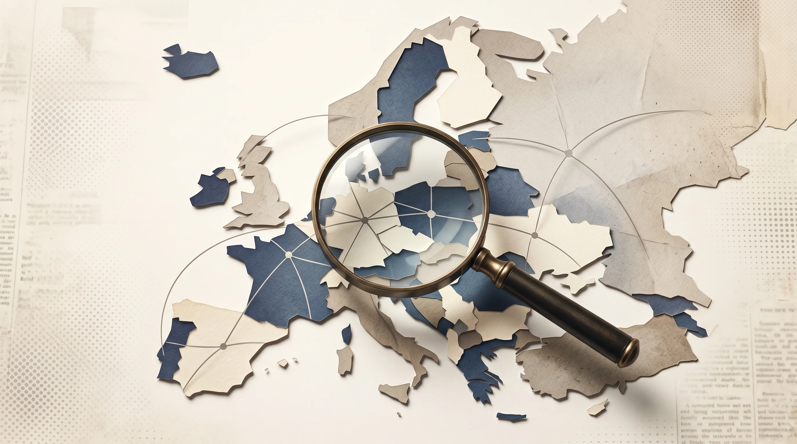 Digital illustration for article section "The Europe Play" in "TraqCheck Raises $8M Series A to Scale AI HR Agents Across Europe" - A conceptual, minimalist composition representing corporate expansion into Europe and cross-border b...