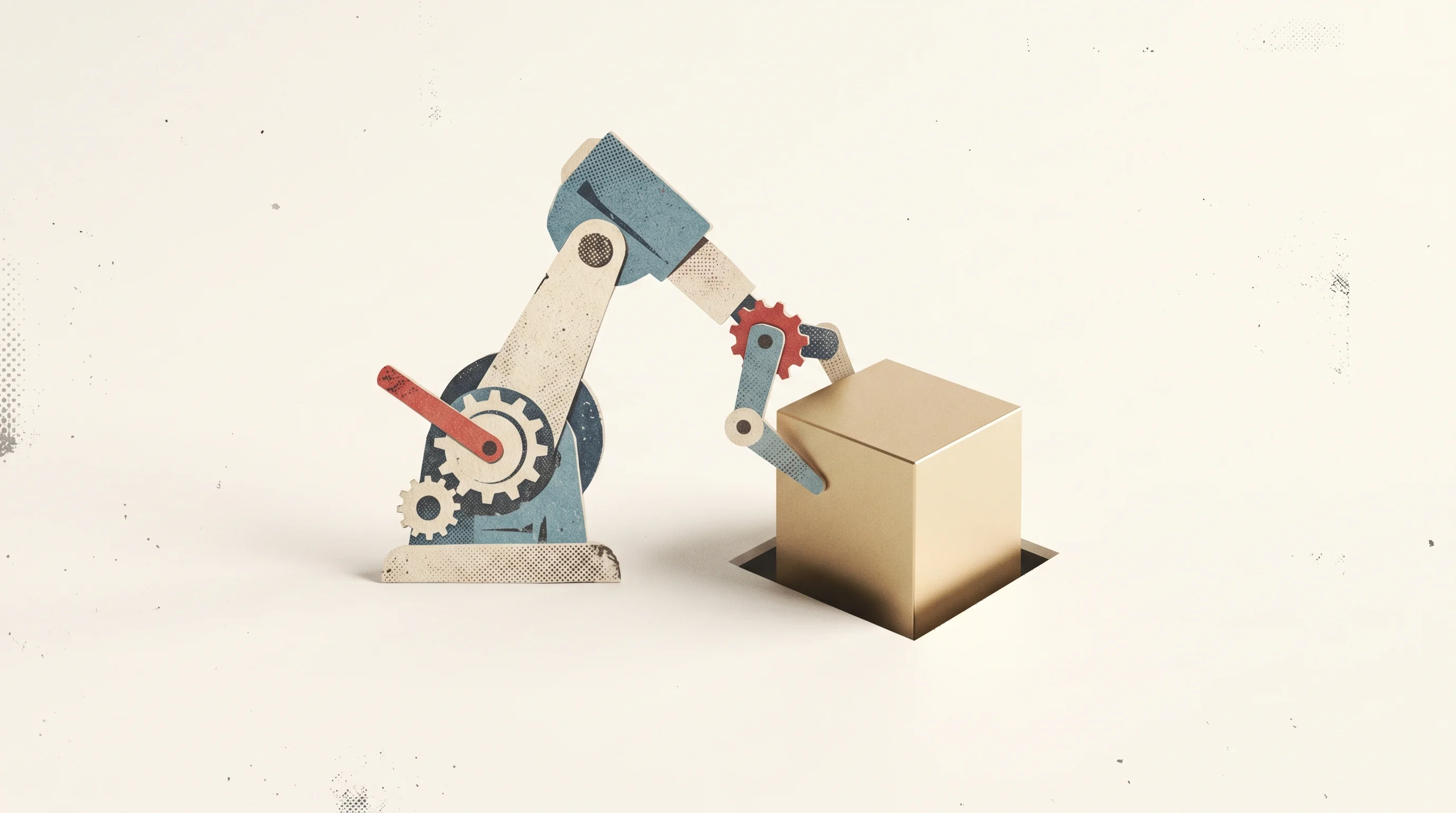 Digital illustration for article section "The Broader Bet on Agents" in "TraqCheck Raises $8M Series A to Scale AI HR Agents Across Europe" - A conceptual, minimalist composition featuring a single, self-operating vintage mechanical apparatus...