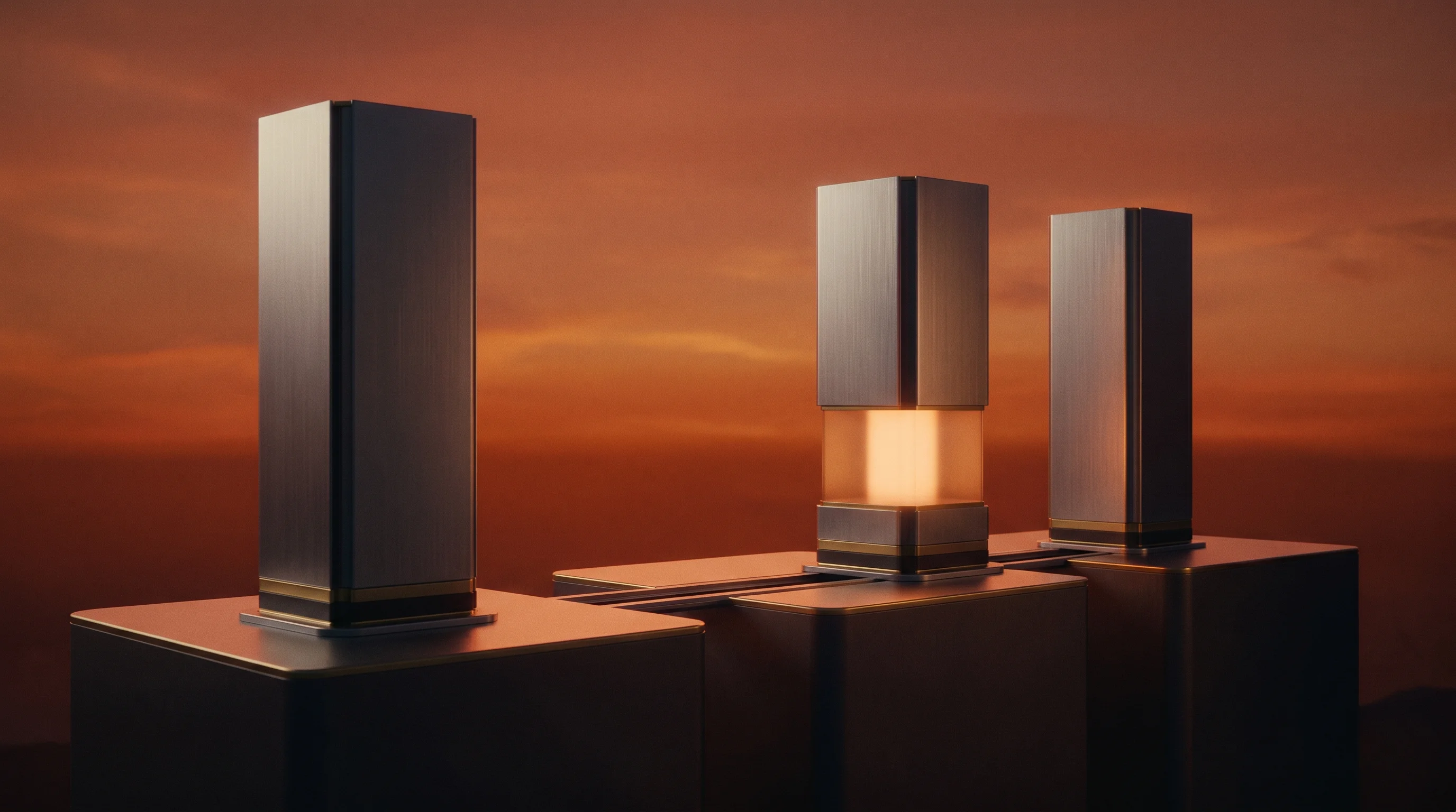 Digital illustration for article section "The Hyperscalers Respond—For a Price" in "OrtCloud's $1.7M Bet: Deterministic Cloud Tackles AI Performance Chaos" - Three minimalist, monumental architectural pillars stand elegantly isolated on distinct elevated pla...