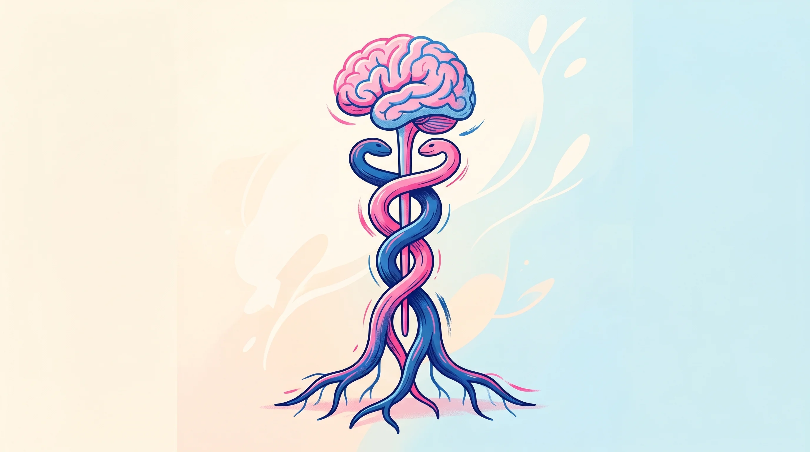 Digital illustration for article section "Yale Roots and Early Believers" in "Wavelet Medical Raises $7M Seed for AI-Powered Fetal Brain Monitoring" - A minimalist, conceptual illustration of three intertwining, stylized roots elegantly growing upward...