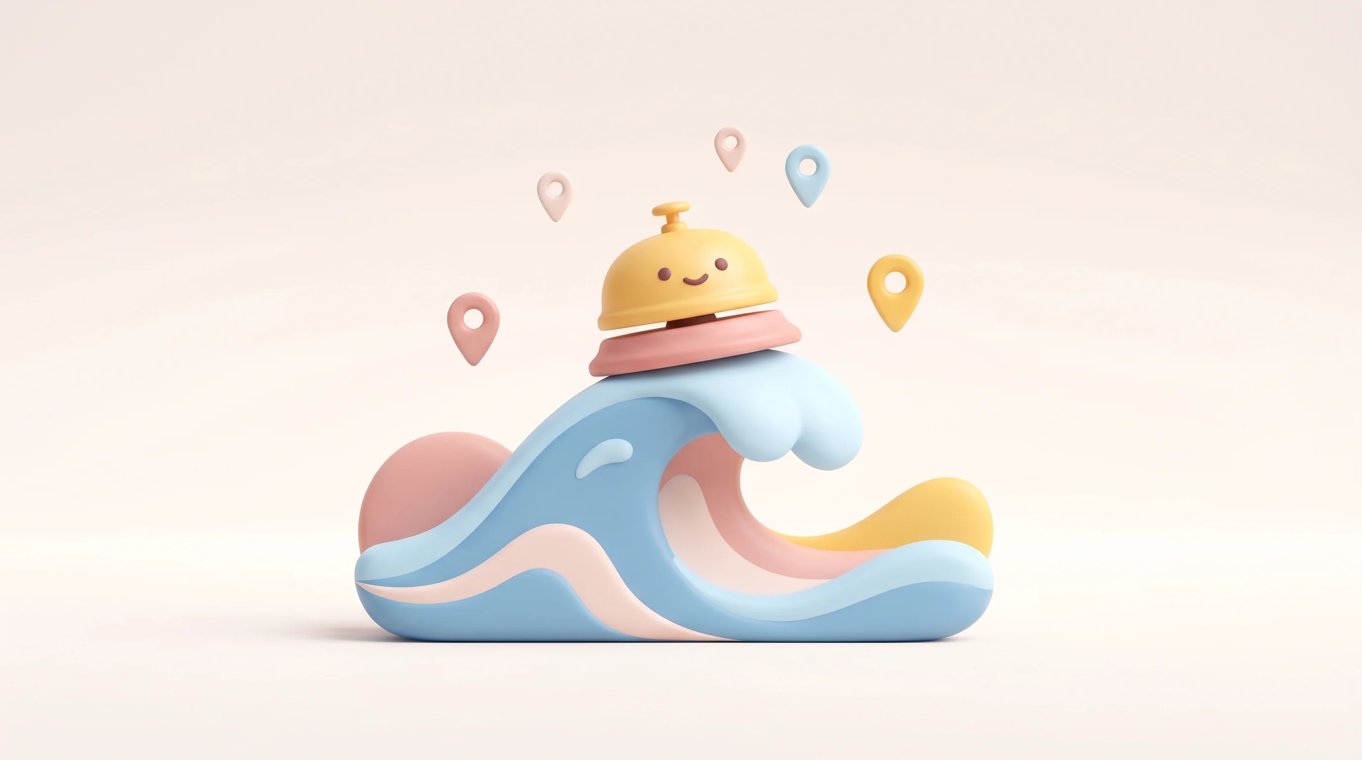 Digital illustration for article section "Riding a Wave, or Creating One?" in "Otel AI Raises €2.8M to Automate Hotel Ops with AI Co-Workers" - A clean, minimal conceptual illustration of a classic, rounded hotel front desk bell gracefully ridi...