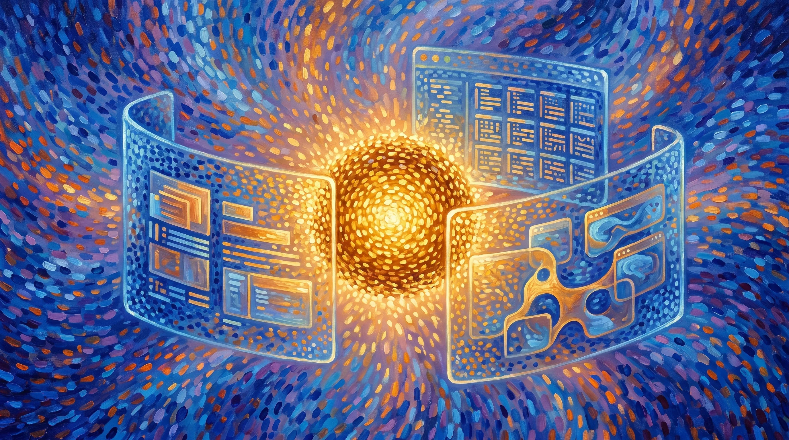 Digital illustration for article section "What Composer 2 Actually Does (and How Users Say It's Working)" in "Cursor's Composer 2: Promising Benchmarks, Disclosure Controversy" - A conceptual and minimalist representation of an intelligent system orchestrating multiple tasks, fe...