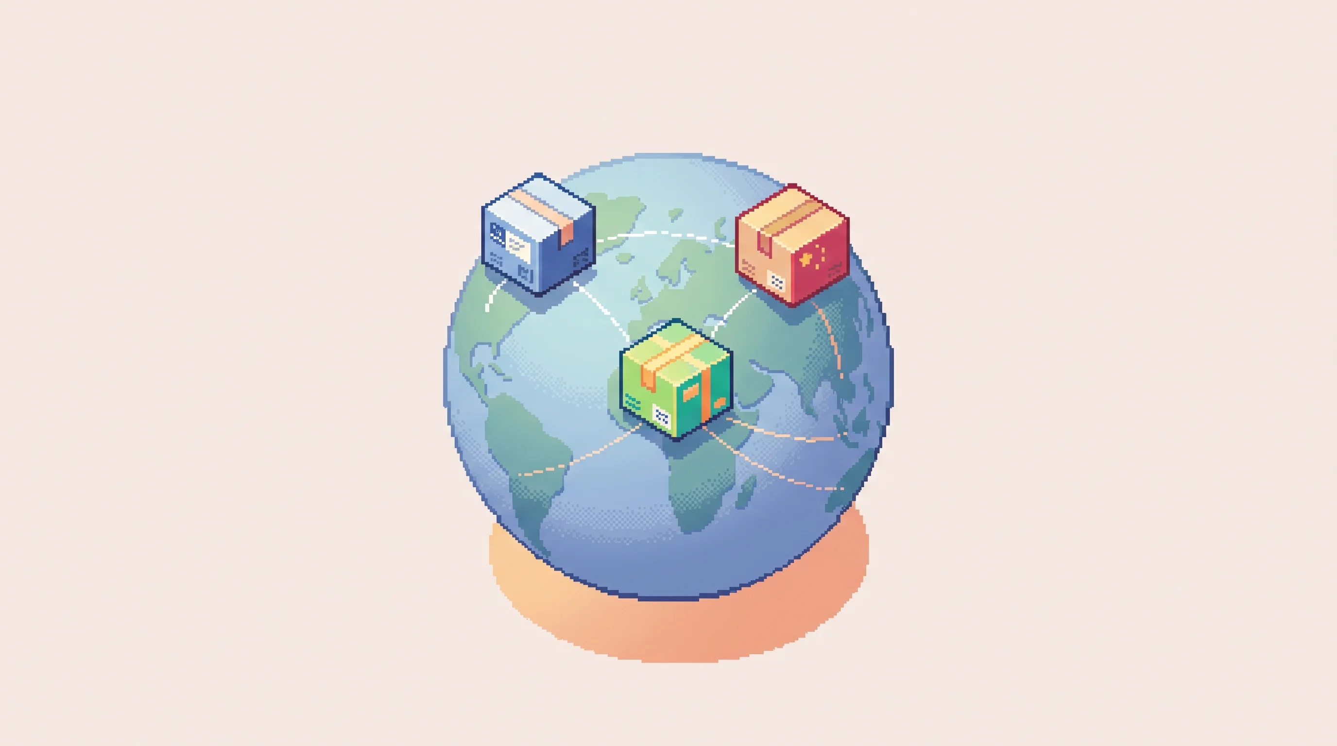 Digital illustration for article section "The Global Play" in "GobbleCube Raises $15M Series A for AI Commerce OS Built by Ex-Blinkit Team" - A clean, minimalist isometric pixel art illustration representing global e-commerce expansion, featu...