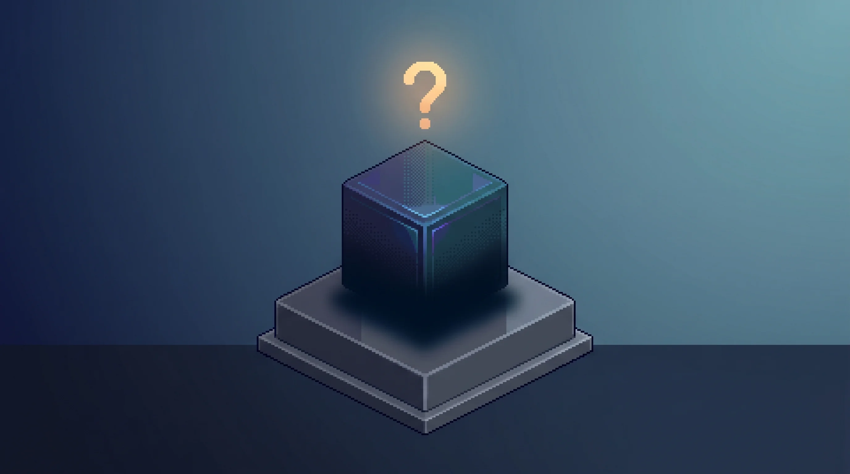 Digital illustration for article section "Open Questions" in "GobbleCube Raises $15M Series A for AI Commerce OS Built by Ex-Blinkit Team" - A clean, minimal, and conceptual composition featuring a single, slightly mysterious isometric cube ...