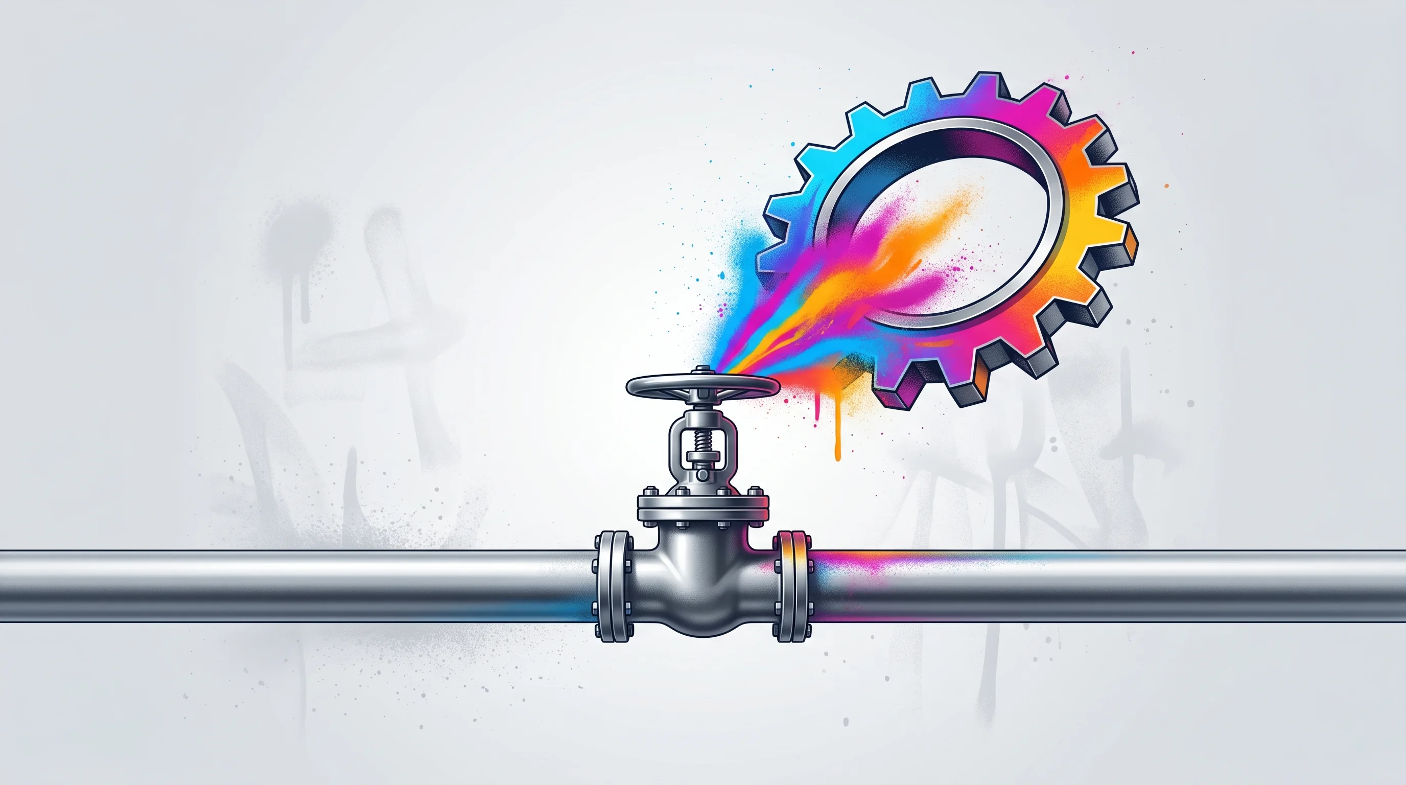 Digital illustration for article section "A Test of Execution, Not Announcement" in "India Operationalizes $1.2B Fund to Rescue Early-Stage Deep Tech" - A sleek, modern metallic pipeline featuring a prominent, heavy-duty valve turning open, releasing a ...