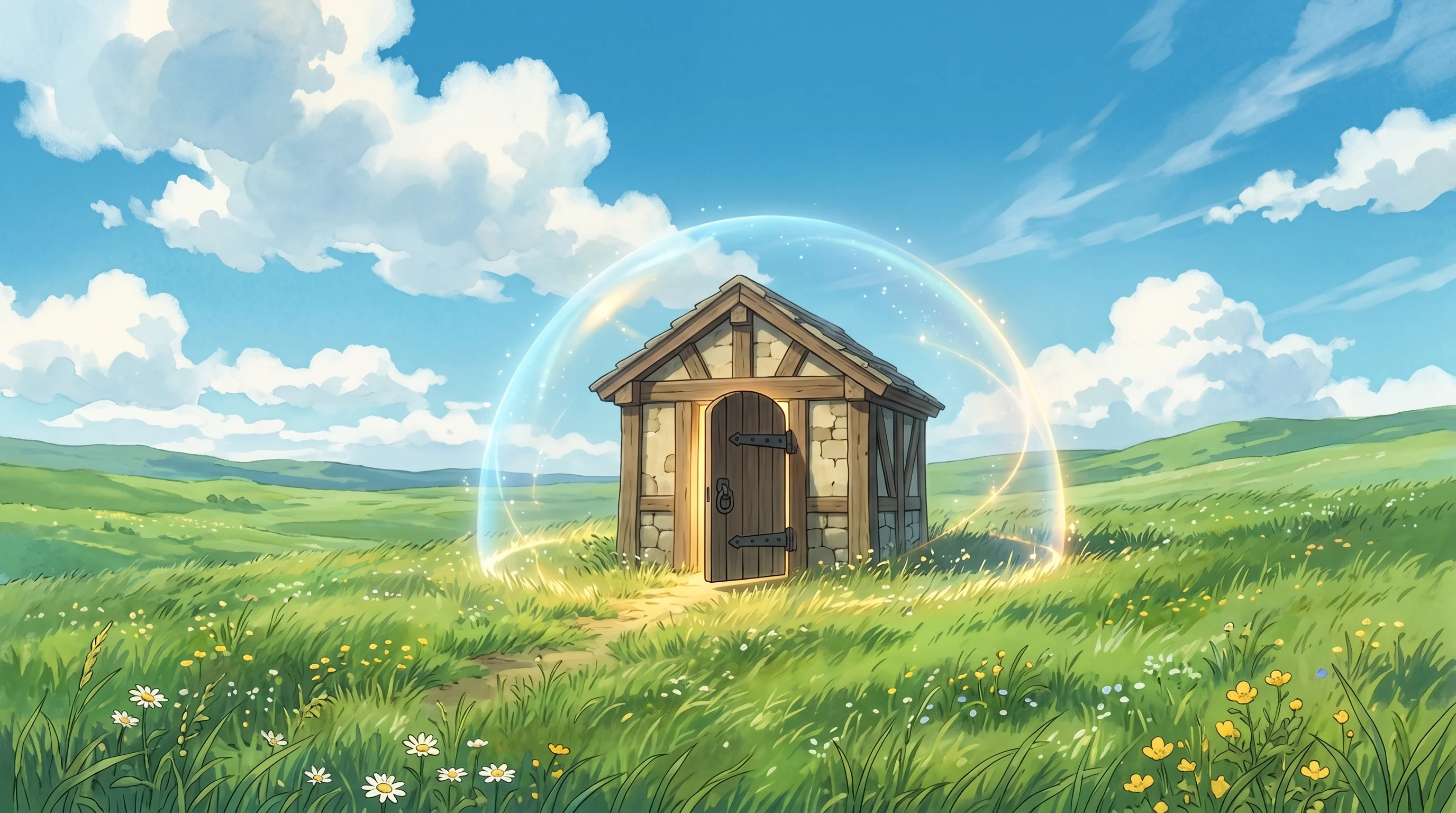 Digital illustration for article section "Security Tensions" in "Lovable Launches One-Click Monetization for AI-Built Apps" - A single, exquisitely crafted stone and wood vault resting in a vast, lush green meadow under an exp...