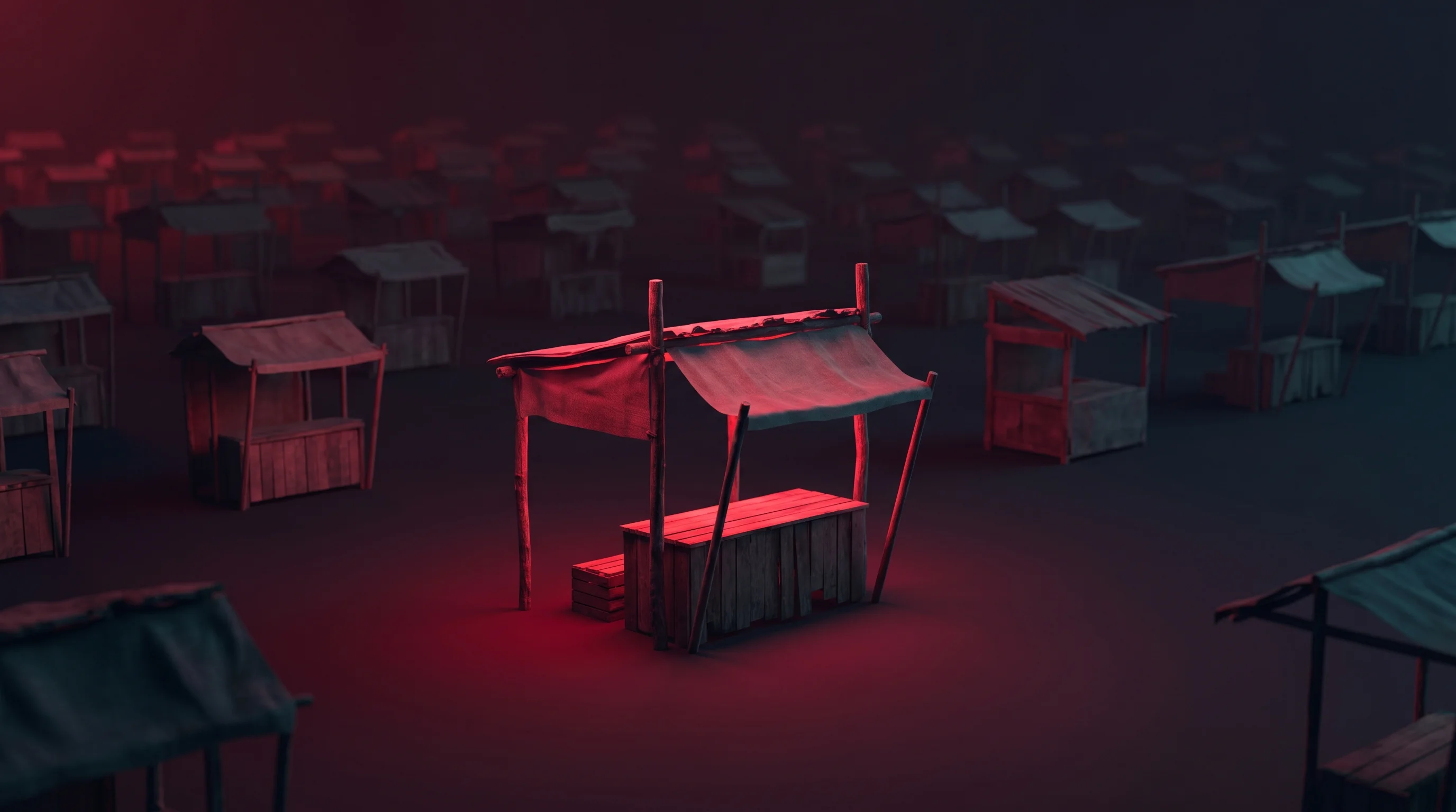 Digital illustration for article section "A Market Defined by Scale and Informality" in "Pulpos Raises $5M to Bring AI-Powered POS to Mexican Micro-Businesses" - A minimalist, conceptual visualization of a vast network of simple, traditional market stalls and sm...