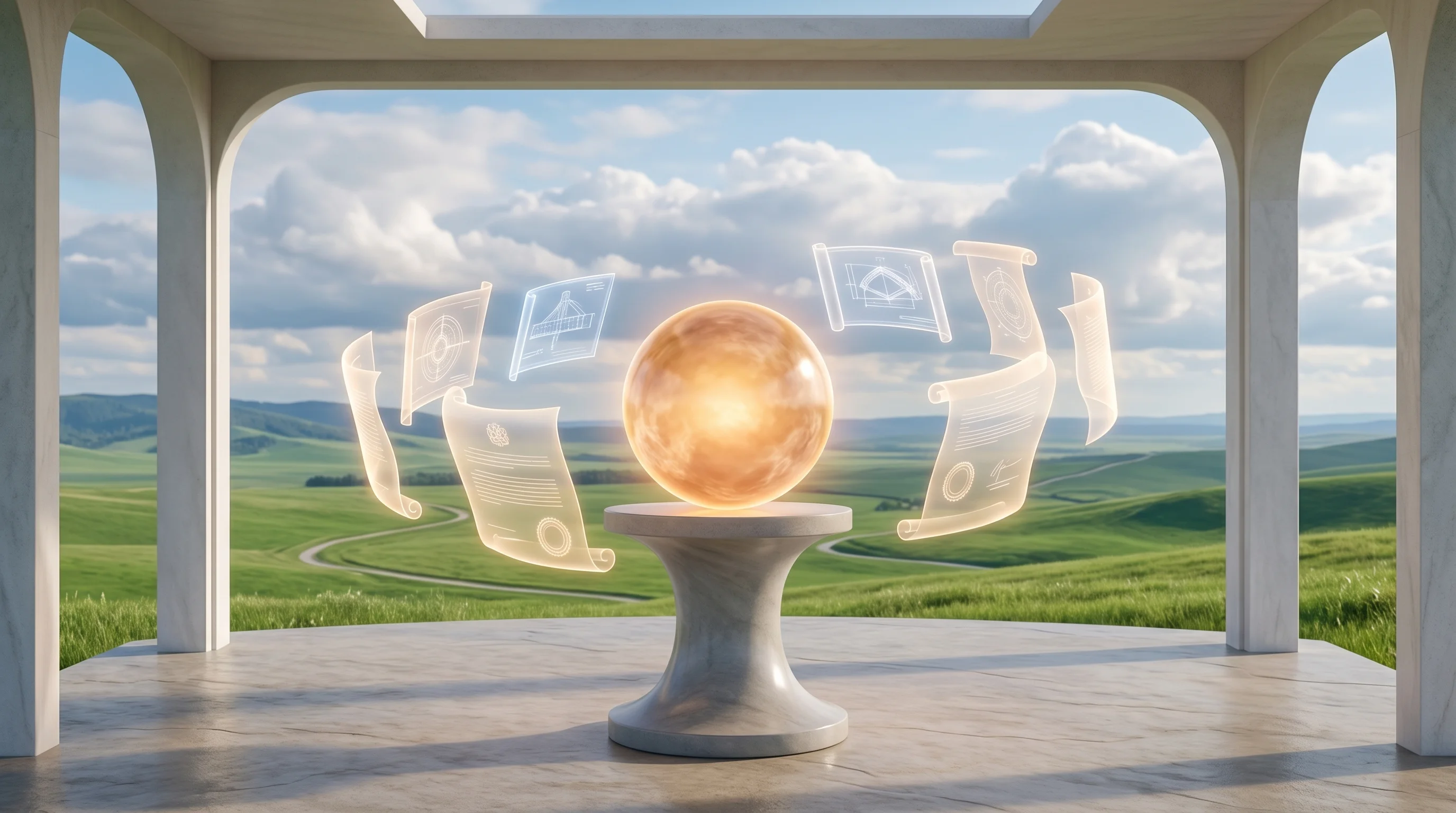 Digital illustration for article section "A Partnership Decades in the Making (Sort Of)" in "Twilio Founder's Fusion Startup Raises $450M Series A from Bessemer, GV" - A conceptual and serene visualization of an expansive energy partnership and patent licensing, featu...