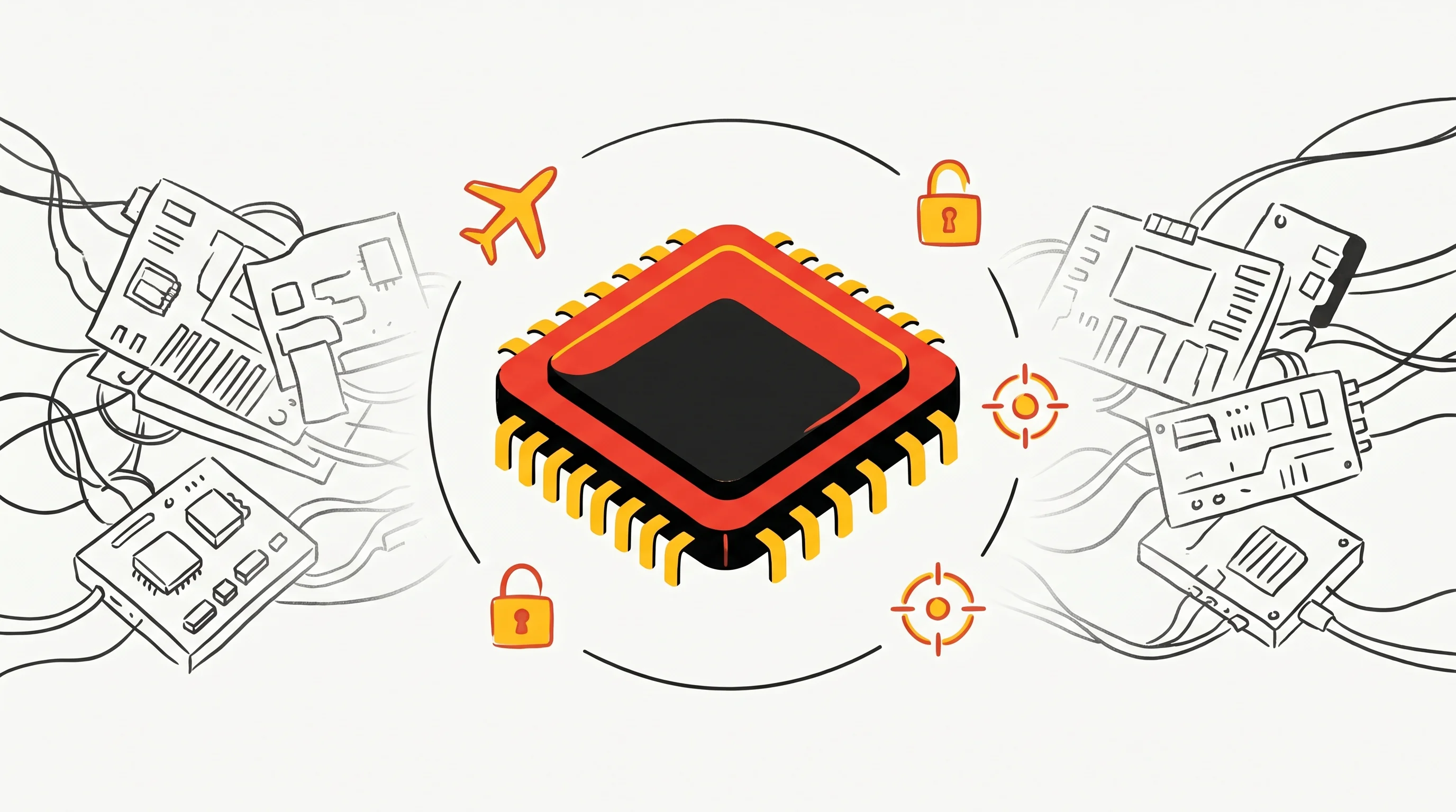 Digital illustration for article section "One Chip to Rule the Flight Deck" in "Hyfix Raises $15M Seed to Challenge DJI With US-Made Drone Chips" - A conceptual, clean illustration of a single, unified silicon chip serving as a central command hub,...